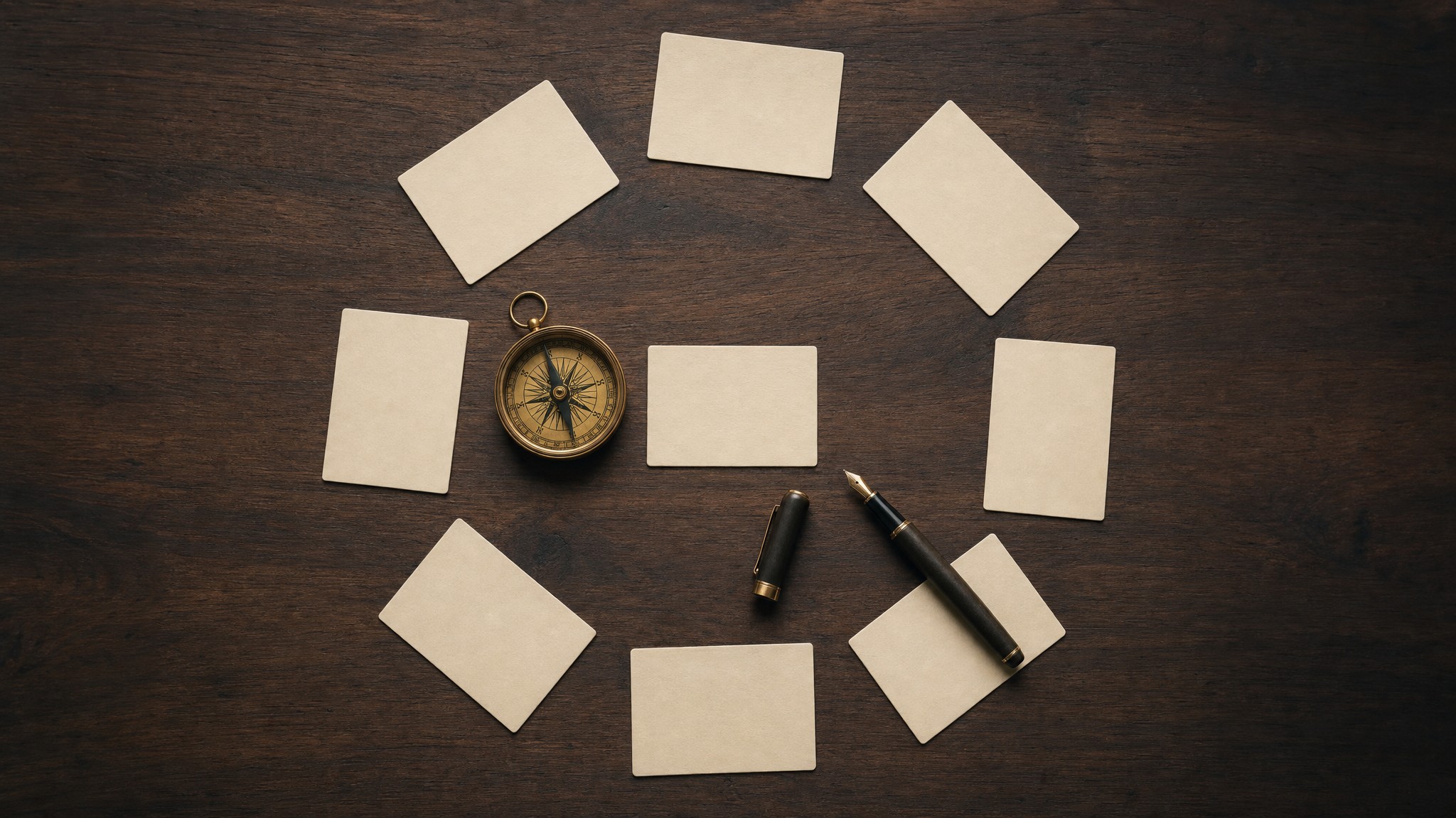 Brass compass and matching blank cards arranged around a shared center on a walnut desk