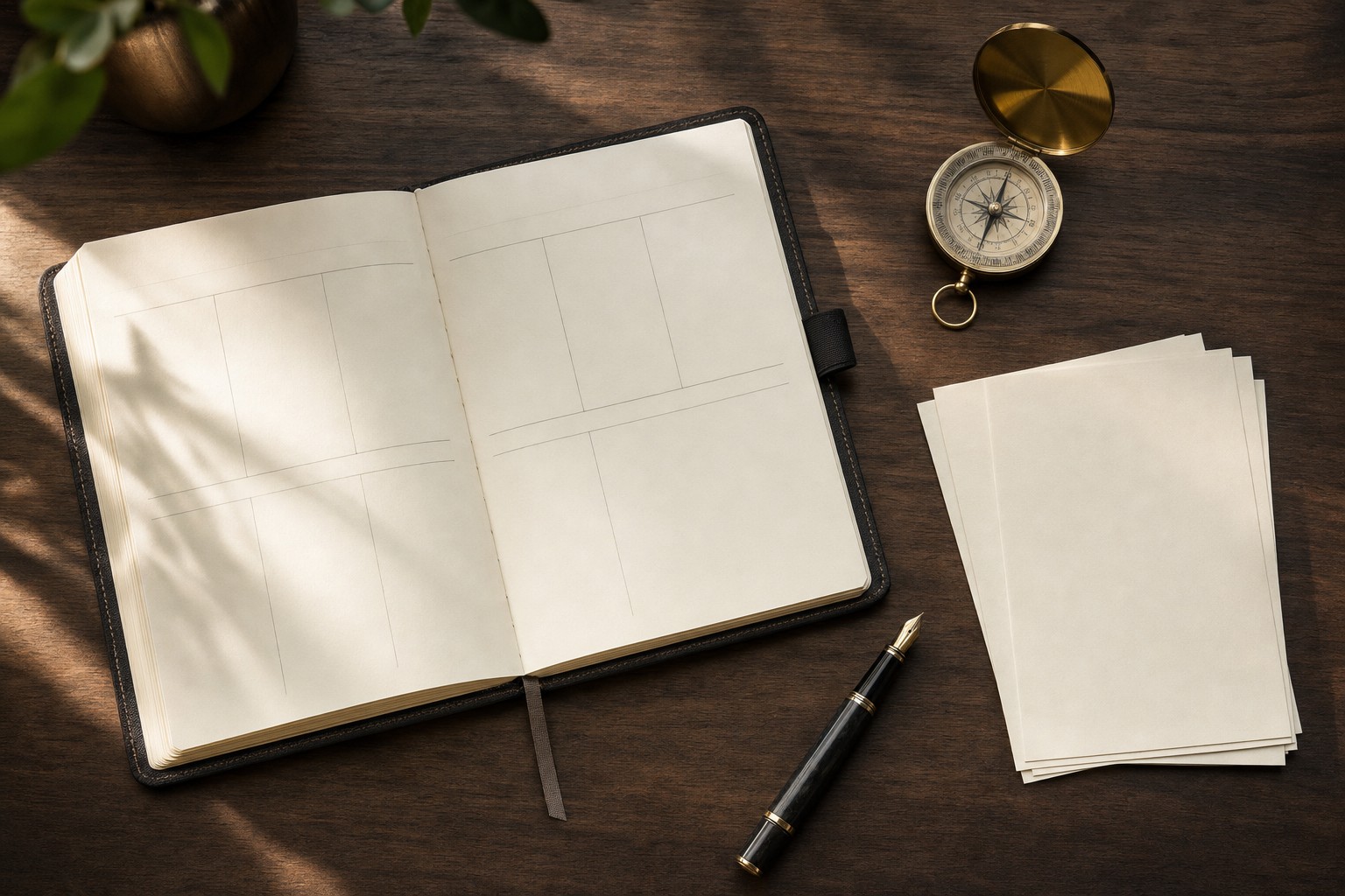 Open weekly planner, fountain pen, brass compass, and blank cards on a walnut desk