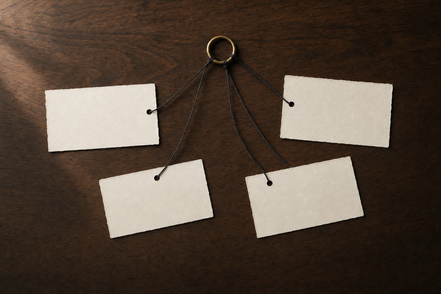 Cream note cards joined by a single brass ring on a walnut desk