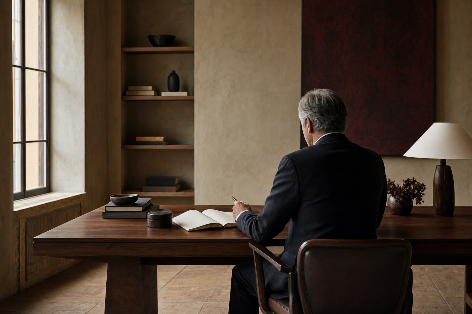 Executive seated at a walnut desk with an open notebook during a quiet reflection session