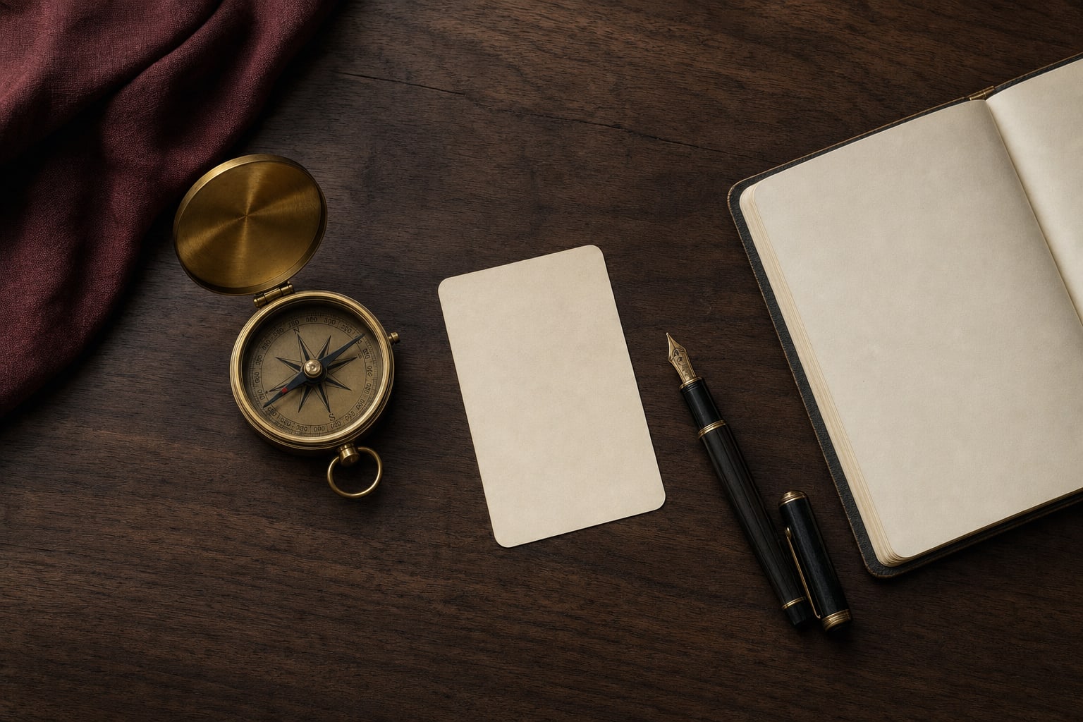 Brass compass, fountain pen, blank decision card, and notebook on a walnut desk