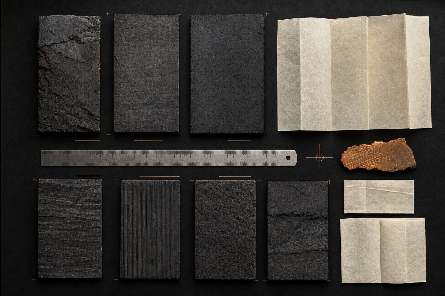 Abstract collection of material samples and archival paper