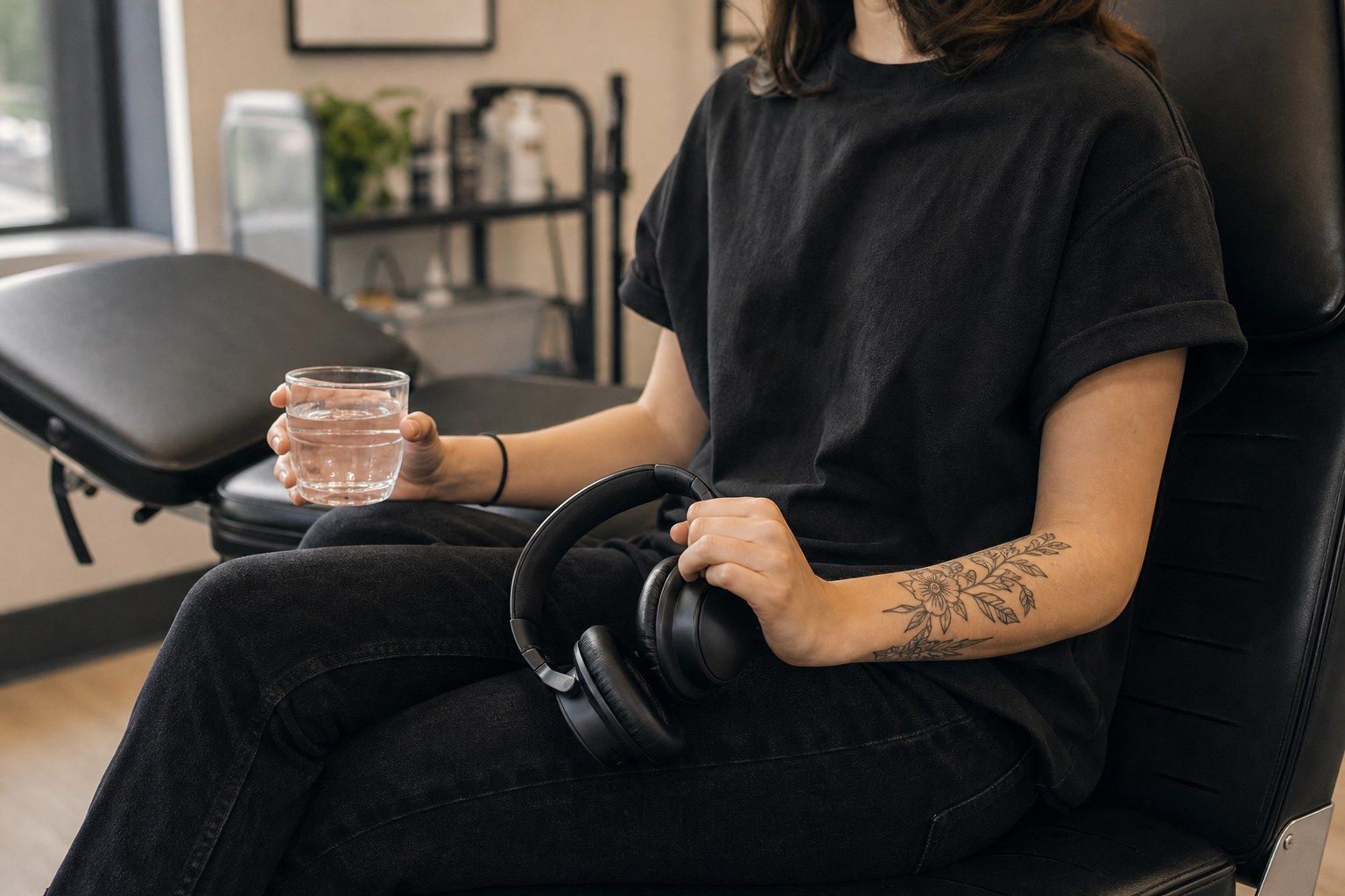 Client seated comfortably with water and headphones before a tattoo appointment