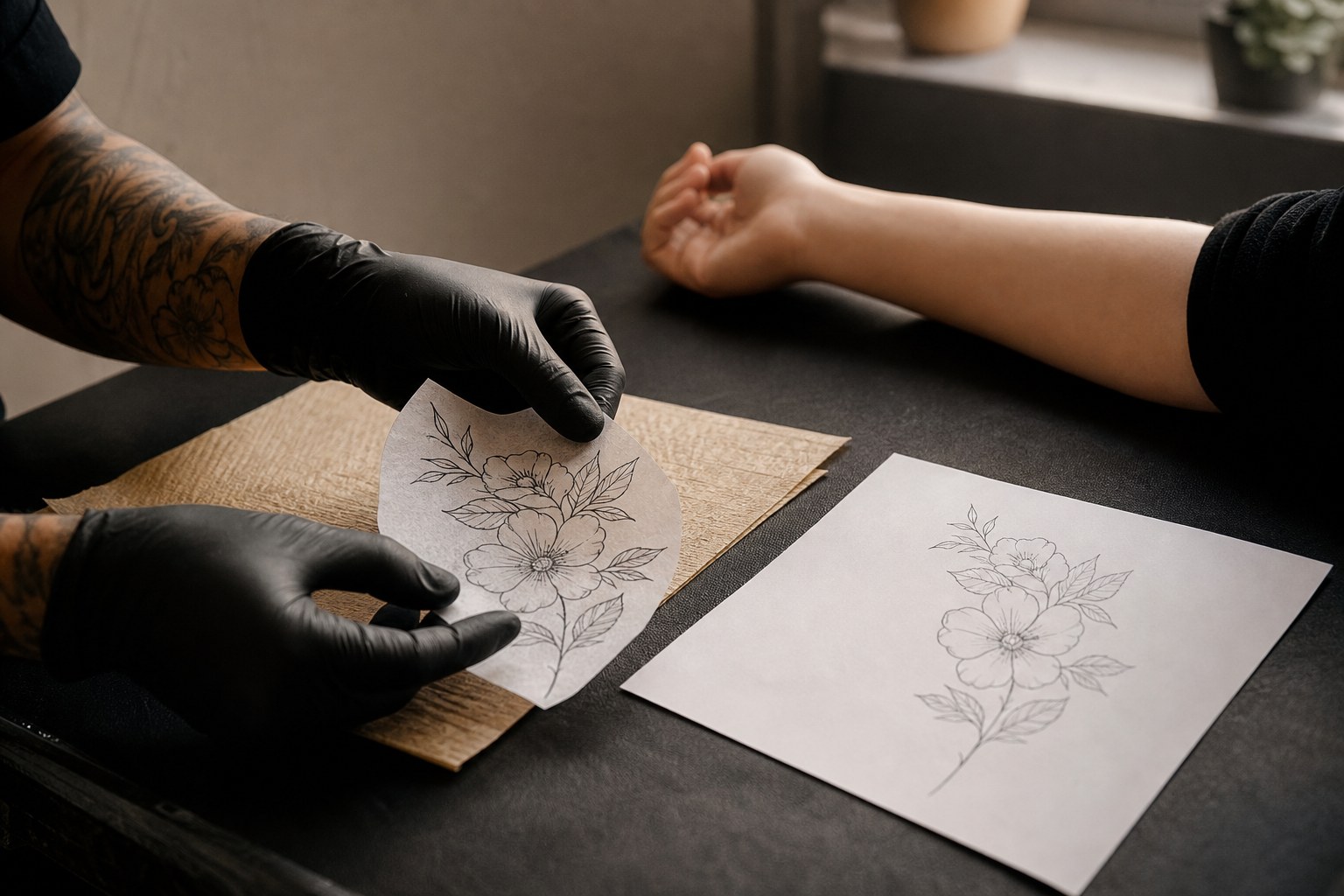 Tattoo artist preparing a floral stencil beside a client’s forearm