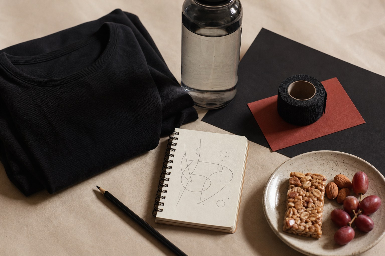 Notebook, water, folded clothing, and snacks arranged for a tattoo appointment