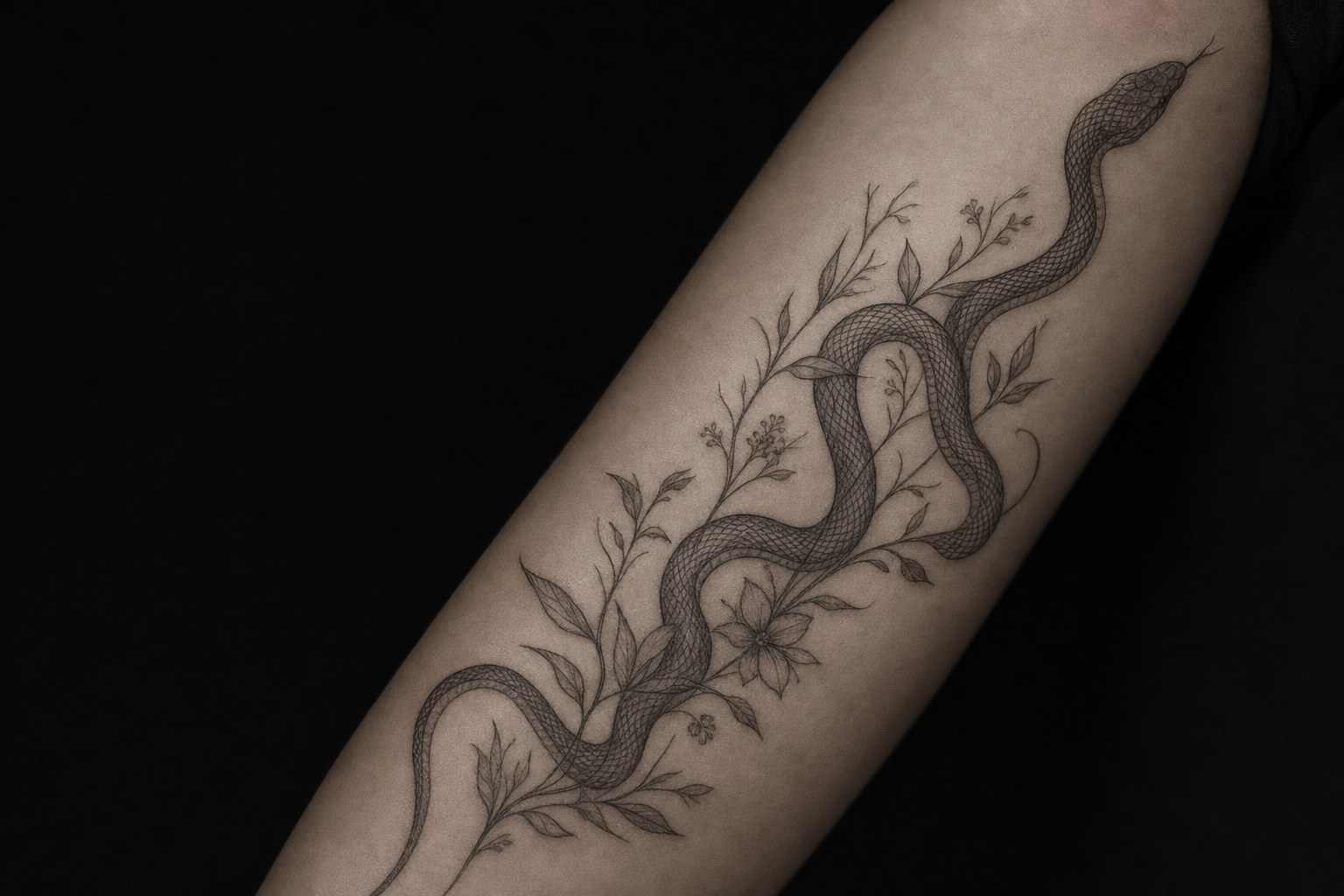 Fine-line serpent tattoo detail