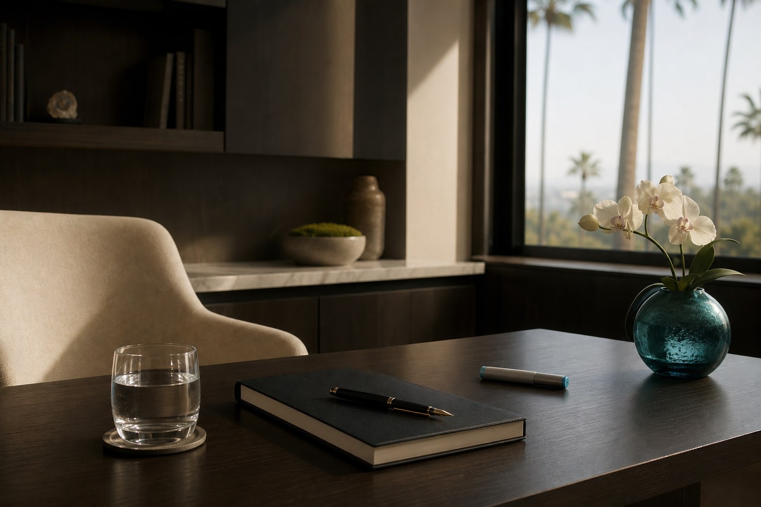 Quiet physician consultation setting with a notebook and pen