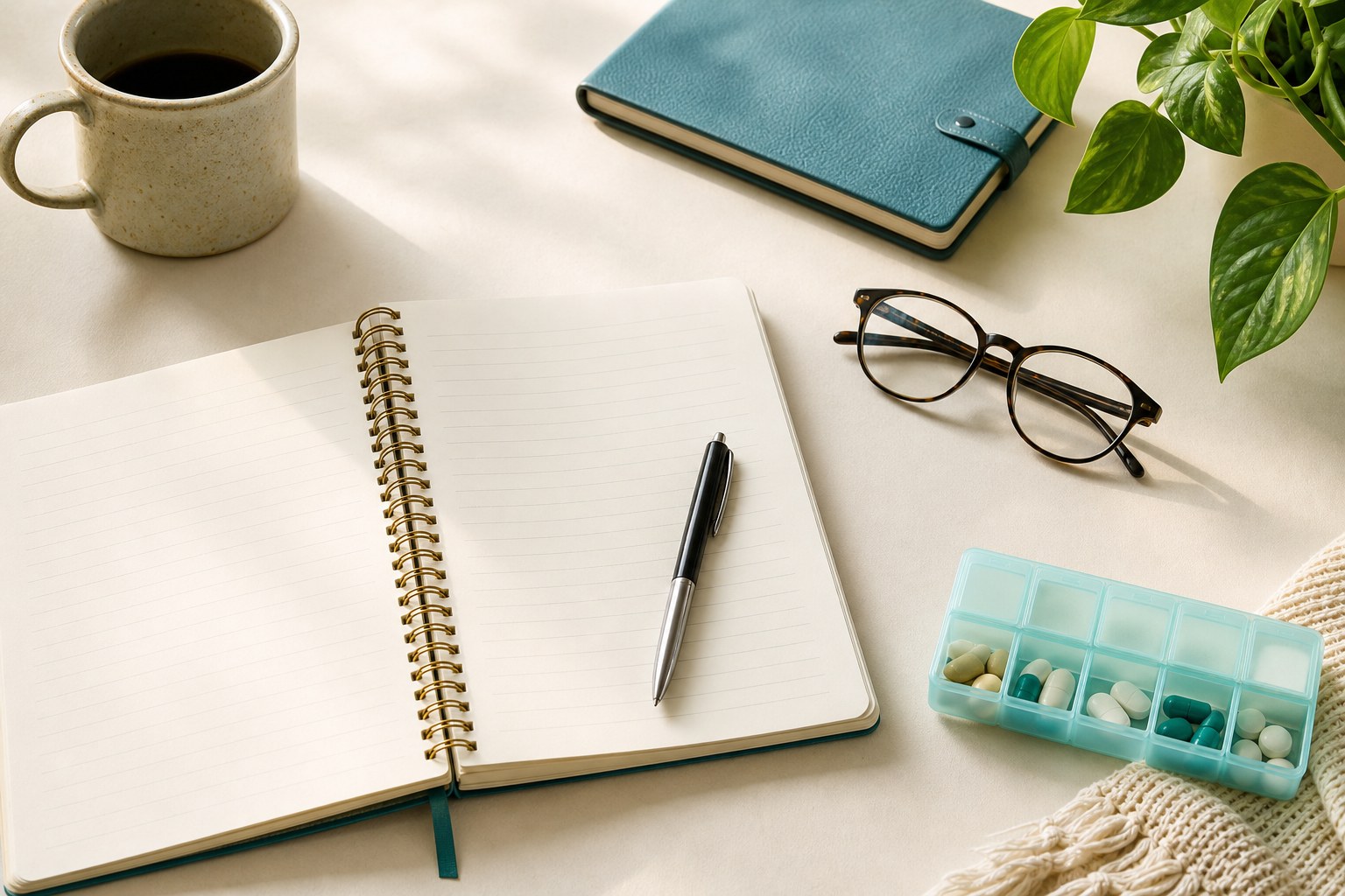 Notebook, medicine organizer, and glasses arranged for a health-planning conversation