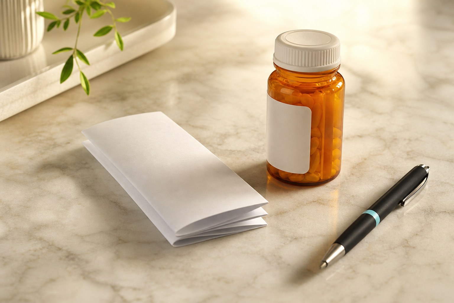 Unbranded medicine bottle and a folded medication guide on a warm surface