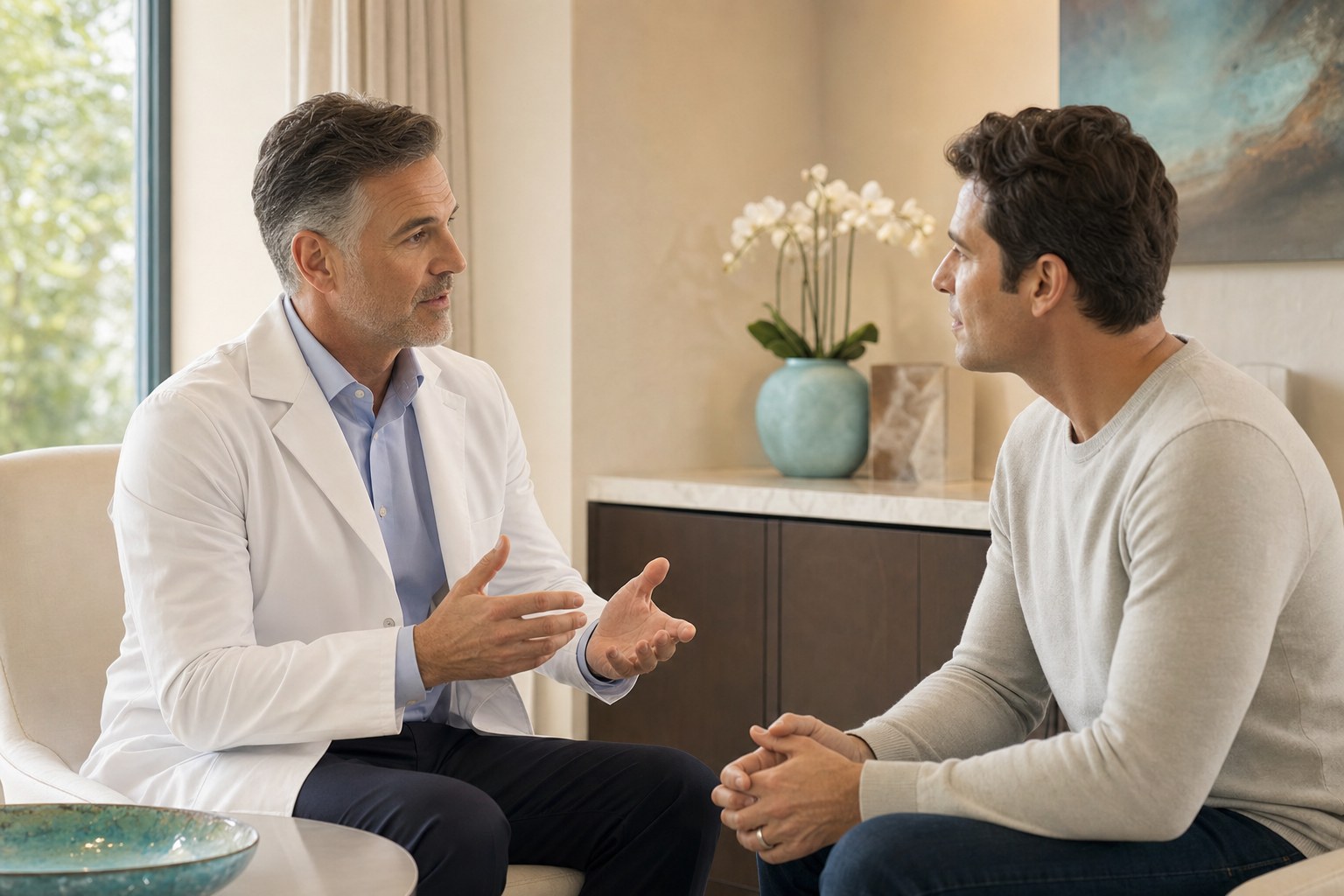 Physician speaking with an adult patient during a consultation
