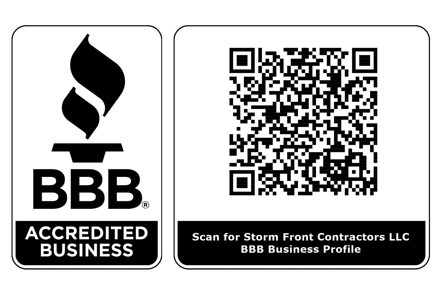 BBB Accredited Business seal and QR code for Storm Front Contractors LLC