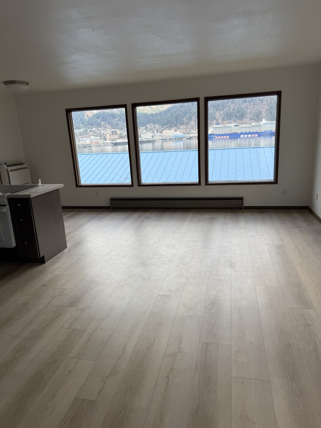 Completed bright living room with new flooring and large windows