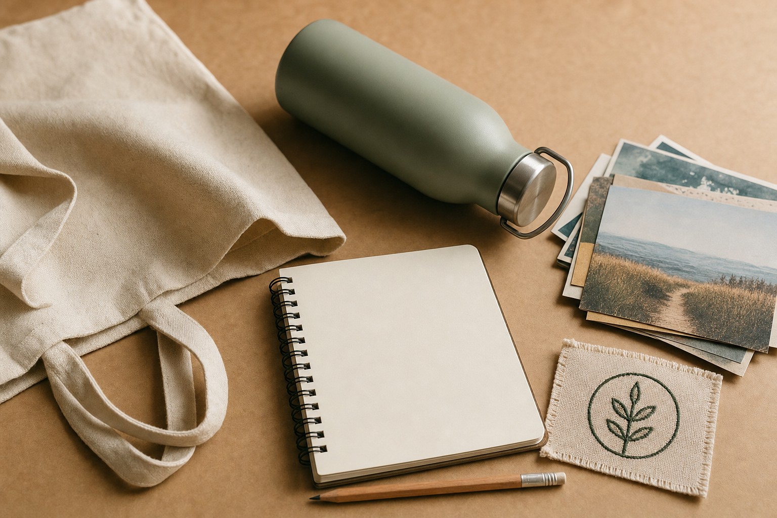 Canvas tote, blank notebook, reusable bottle, fabric patch, and postcards on a desk