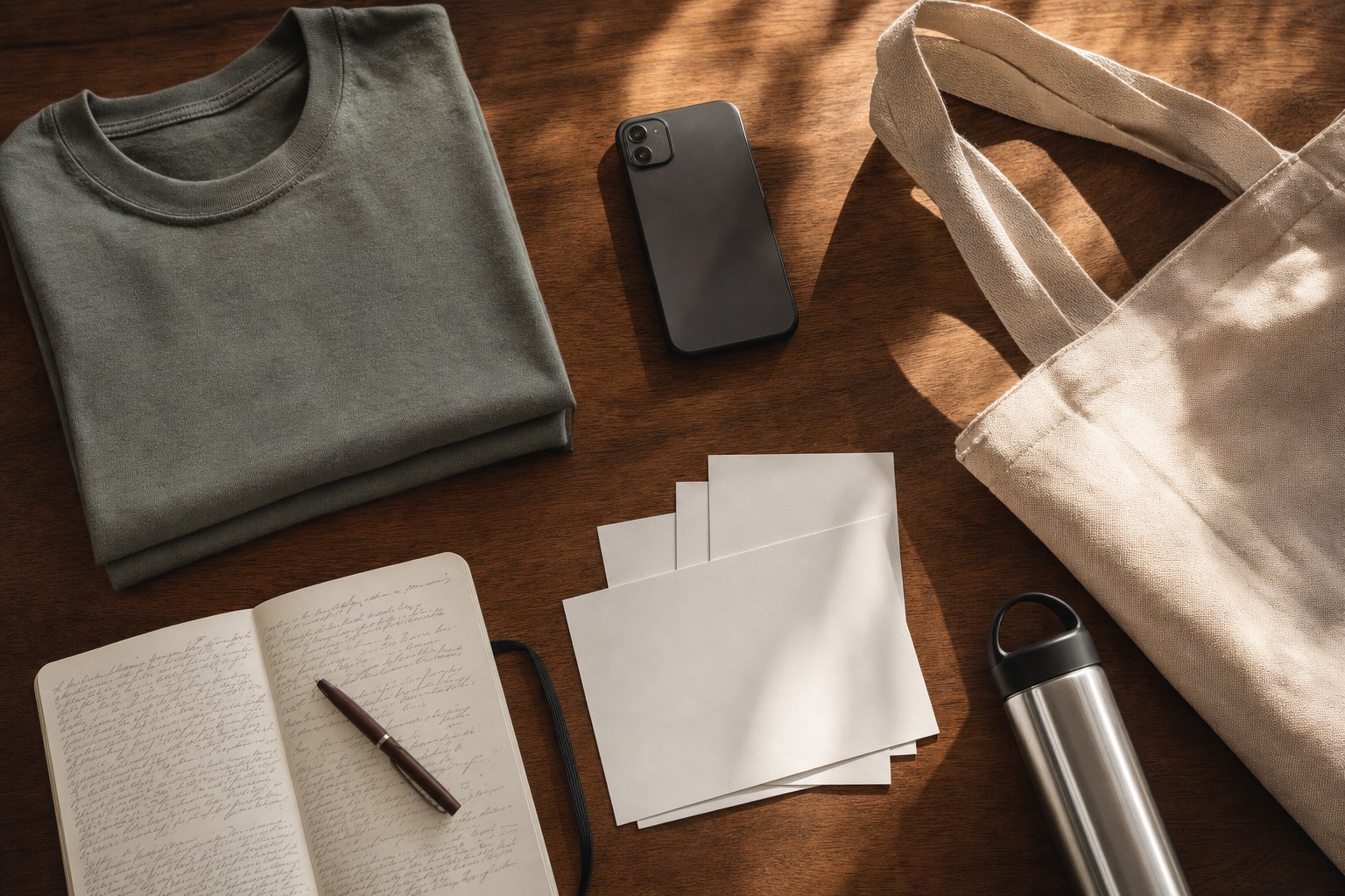 Folded charcoal shirt, phone, blank postcards, notebook, water bottle, and canvas tote on a desk