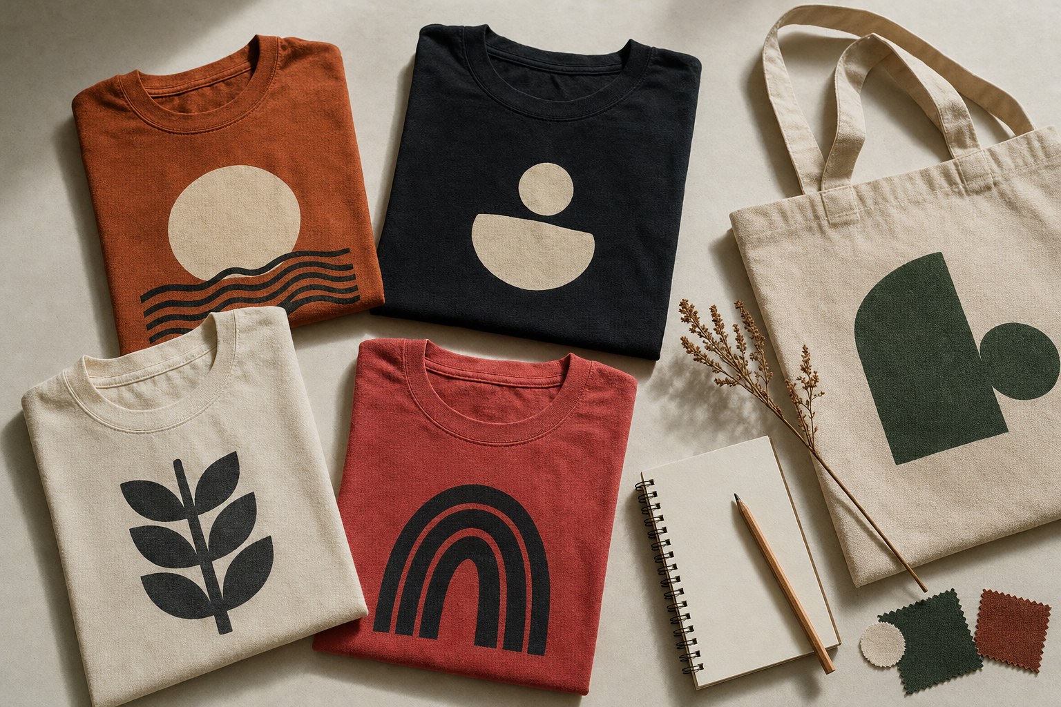 Folded graphic-style shirts, a canvas tote, notebook, pencil, and fabric swatches arranged on a studio surface
