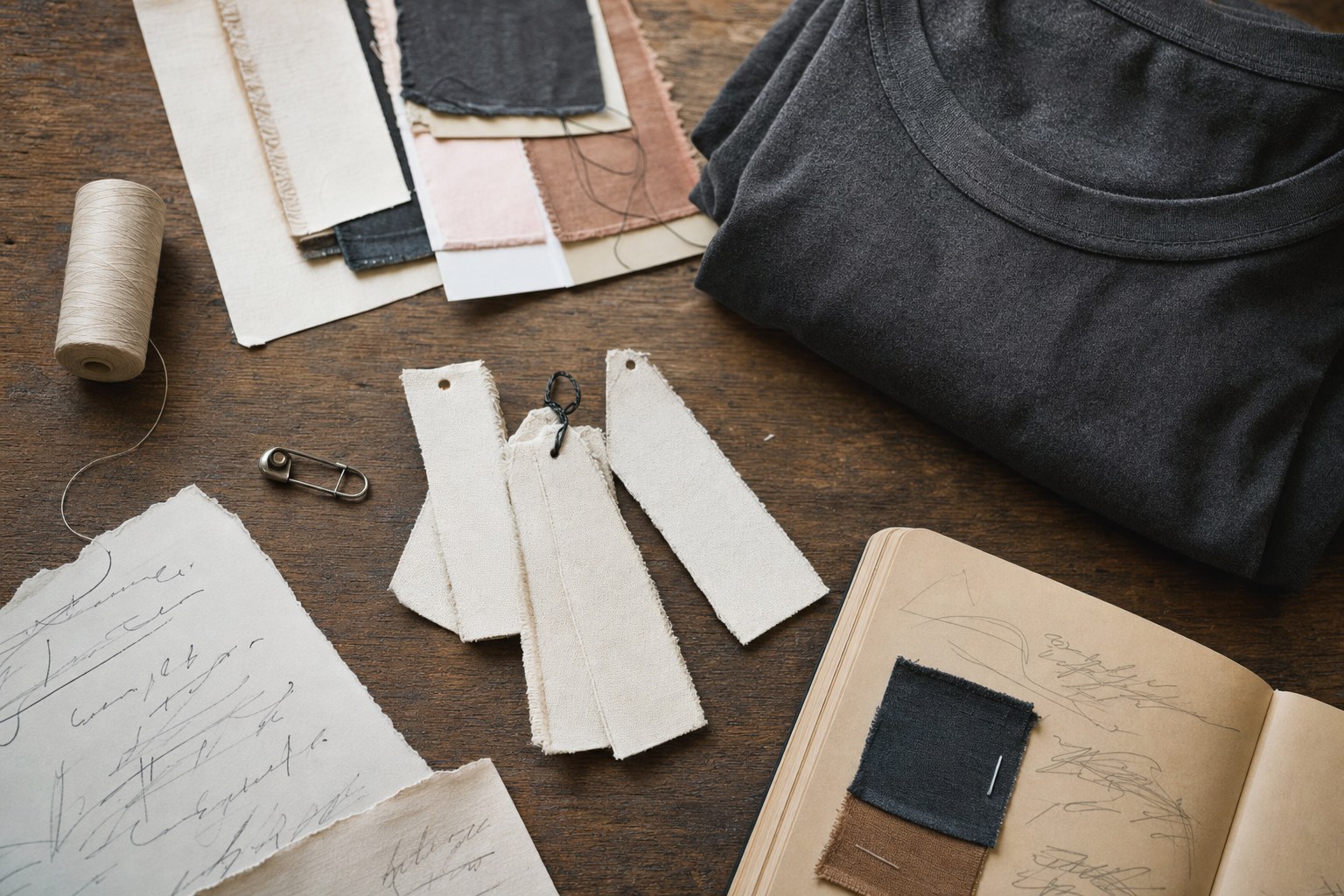 Fabric tags, fabric swatches, thread, a safety pin, and a folded charcoal shirt on a wood table