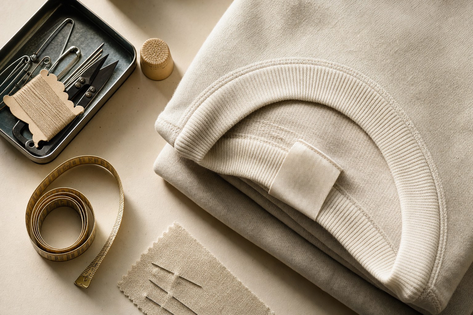 Folded cream cotton sweatshirt, sewing tools, measuring tape, and fabric swatches