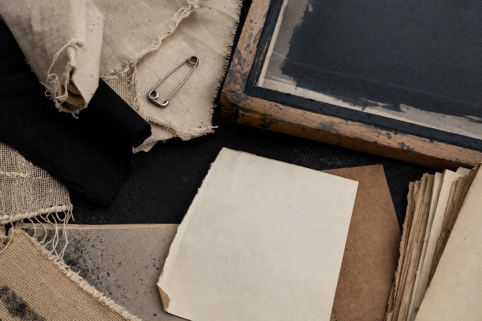 Fabric, a safety pin, papers, and an unprinted screen-printing frame