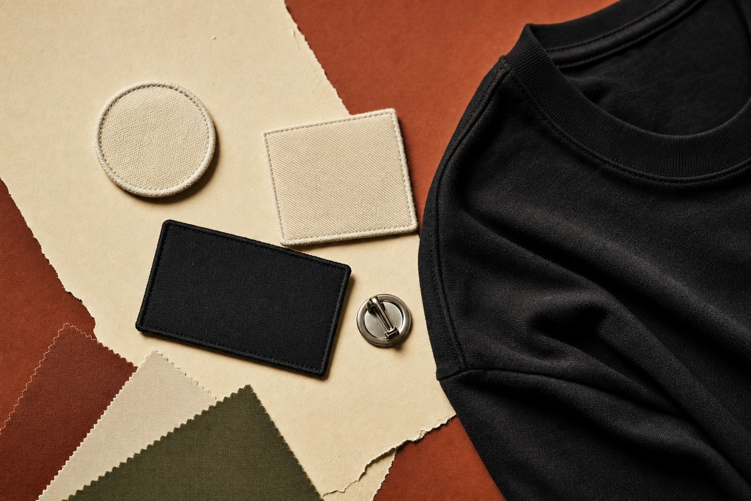 Blank fabric patches, a pin, color swatches, and black T-shirt fabric