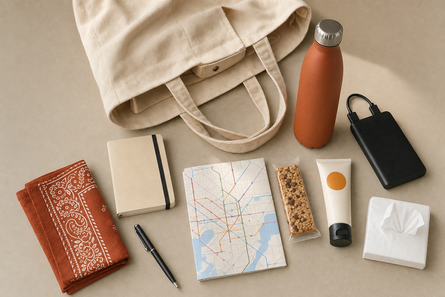 Canvas tote, reusable bottle, charger, notebook, transit map, snack, sunscreen, and tissue pack