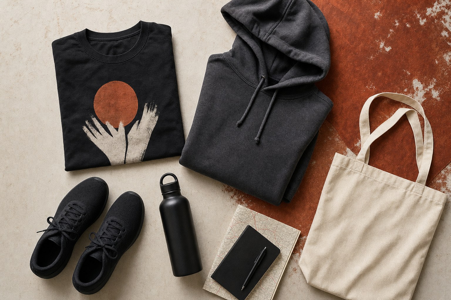 Black graphic T-shirt, charcoal hoodie, sneakers, tote bag, and water bottle arranged on a studio surface
