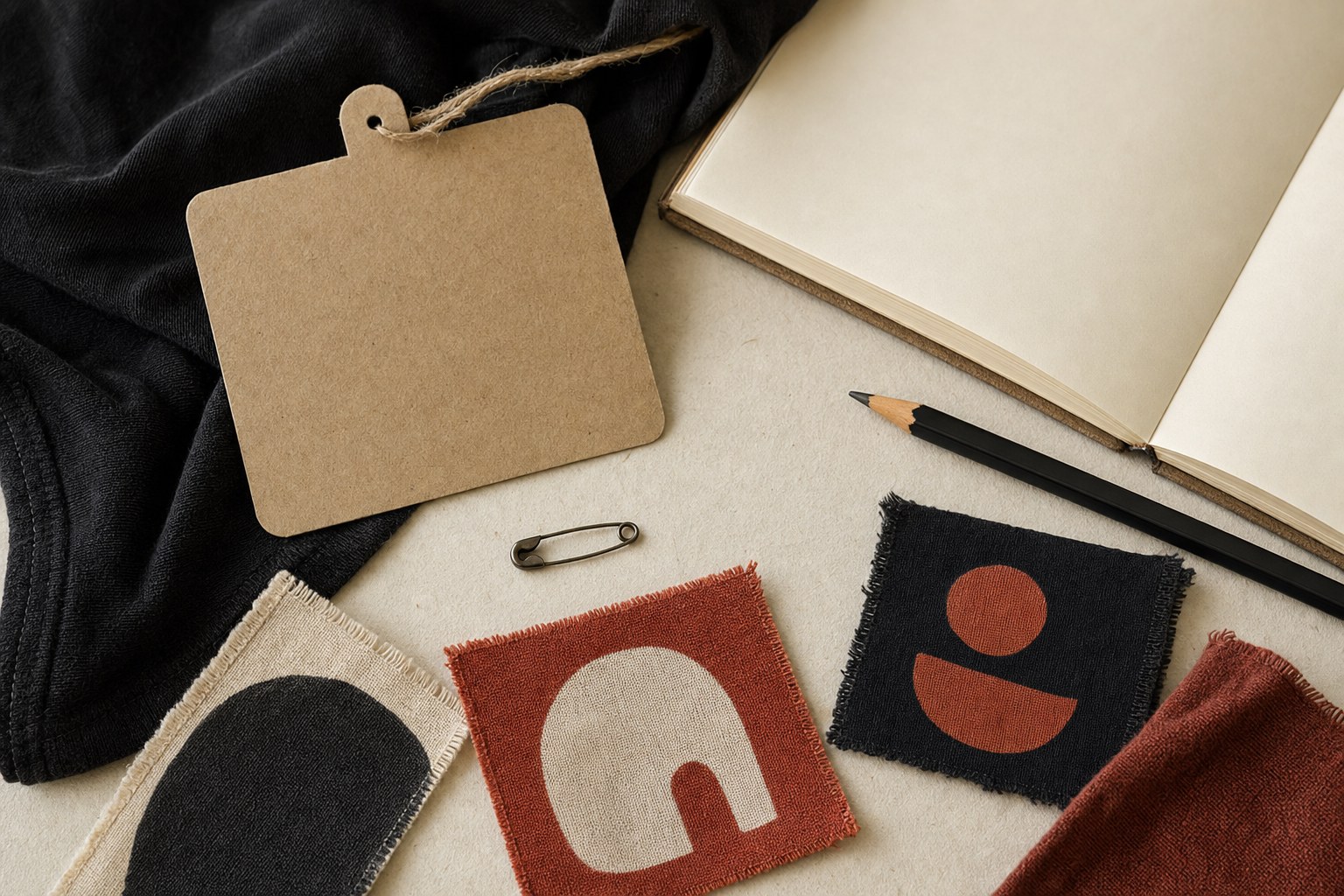 Blank tag, notebook, pencil, black fabric, and abstract fabric patches on a cream surface