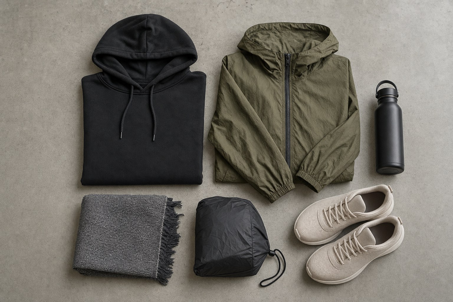 Folded hoodie, lightweight jacket, scarf, water bottle, and sneakers arranged for changing weather