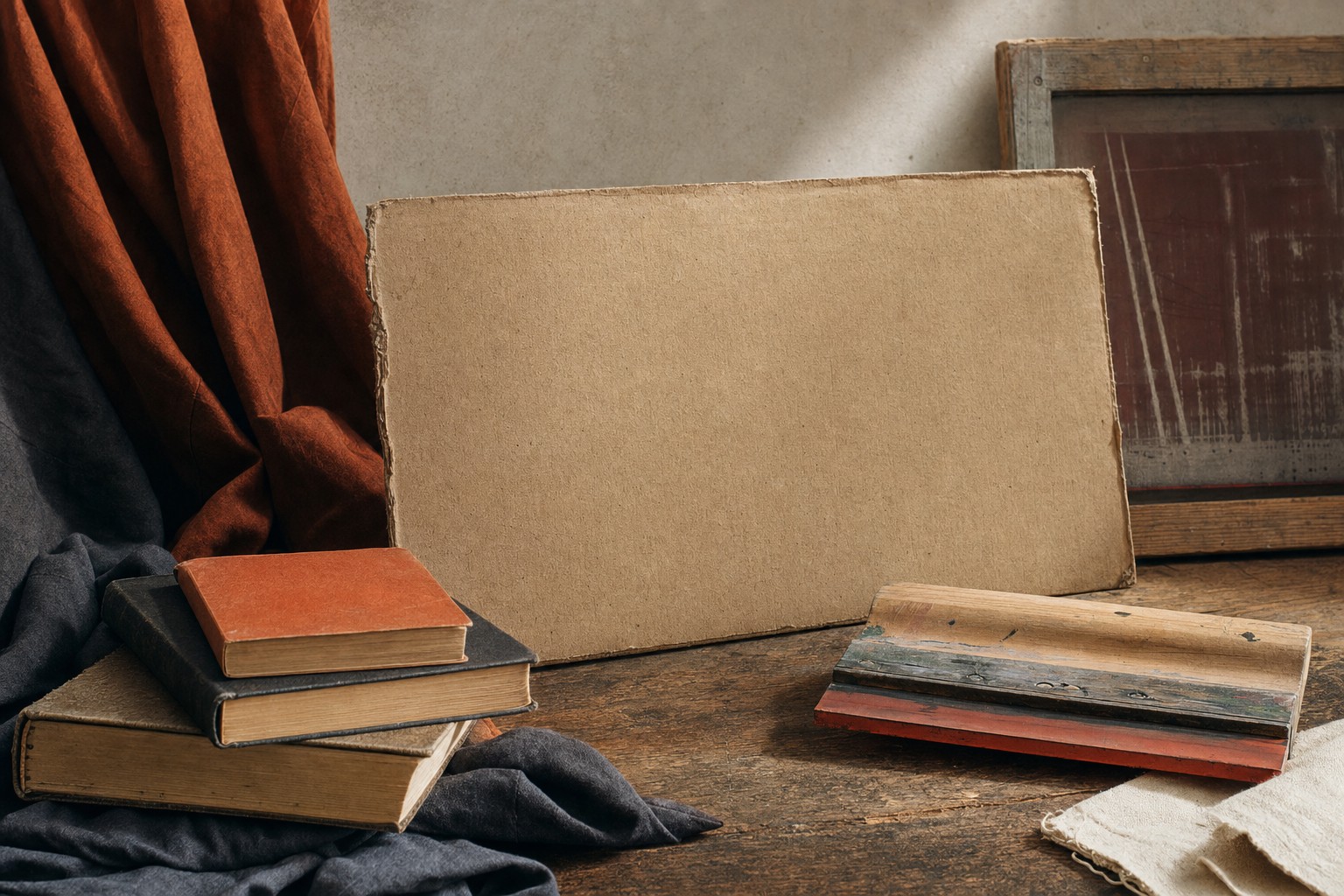 Screen-printing tools, books, and fabric arranged on a studio table