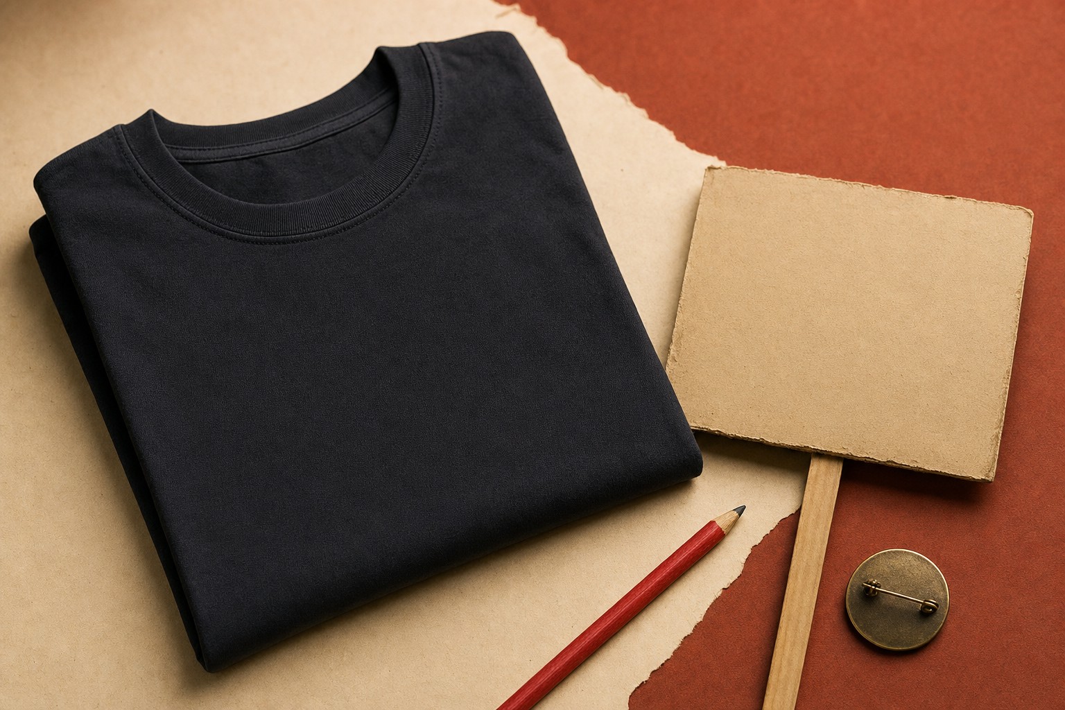Folded black T-shirt, blank sign, pencil, and pin on a rust and cream surface