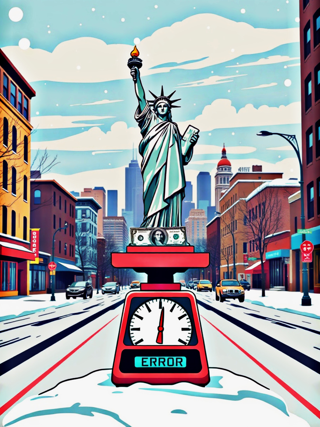 Lady Liberty standing on a red scale marked Error on a snowy city street