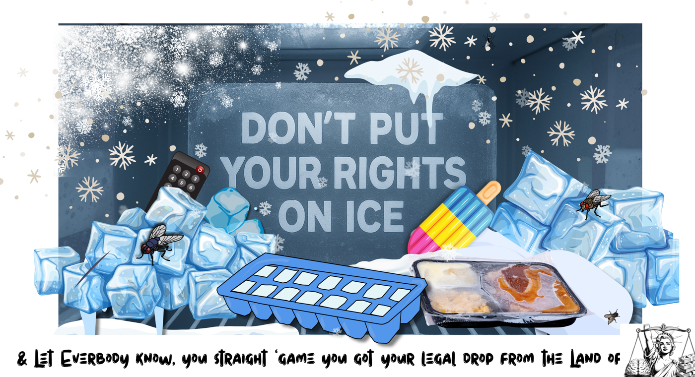 Ice trays, pencils, and snowflakes surrounding the words Don’t Put Your Rights on Ice