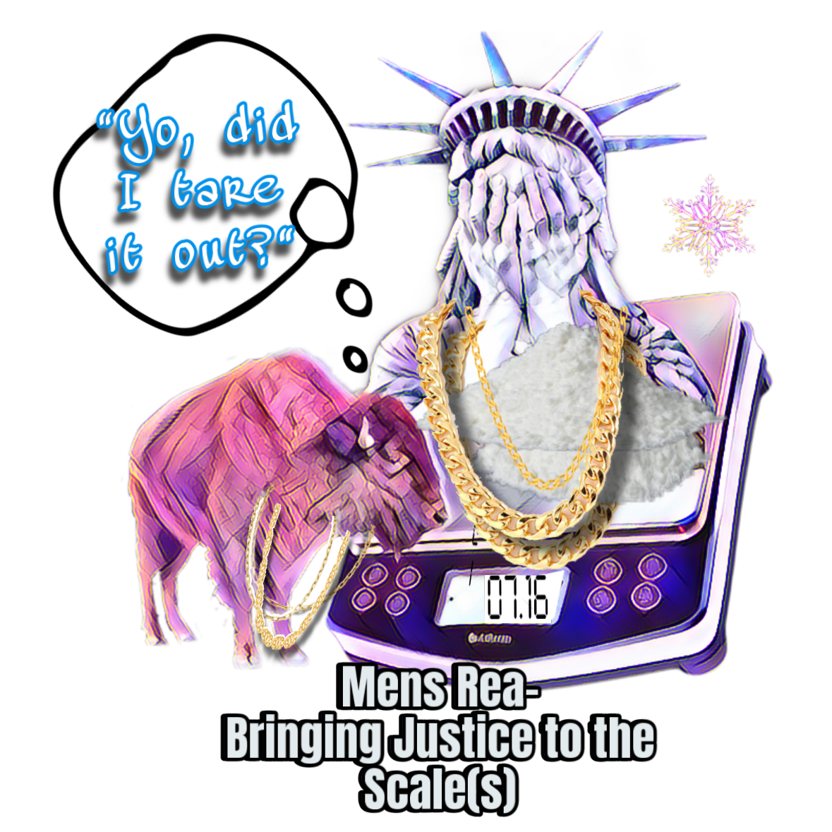 Purple Lady Liberty with a gold chain, pink buffalo, and digital scale, asking Yo, did I tare it out?