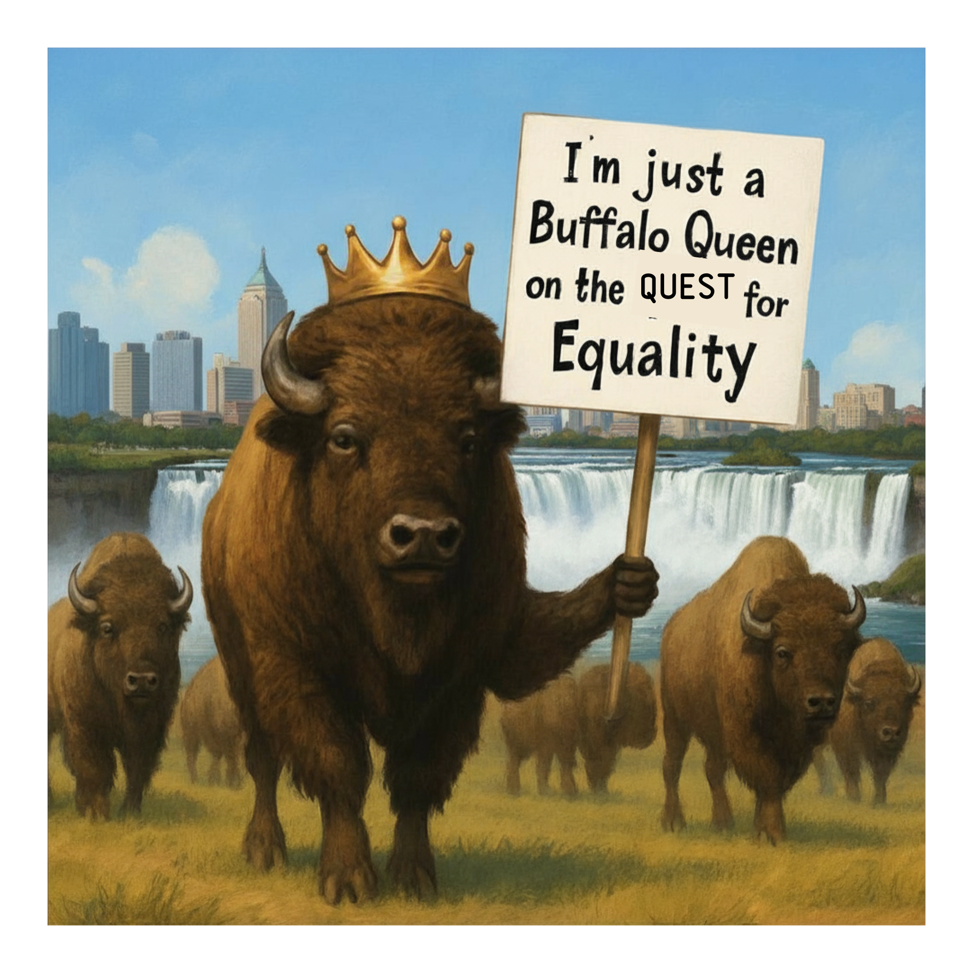 Crowned buffalo holding a sign: I’m just a Buffalo Queen on the quest for equality.