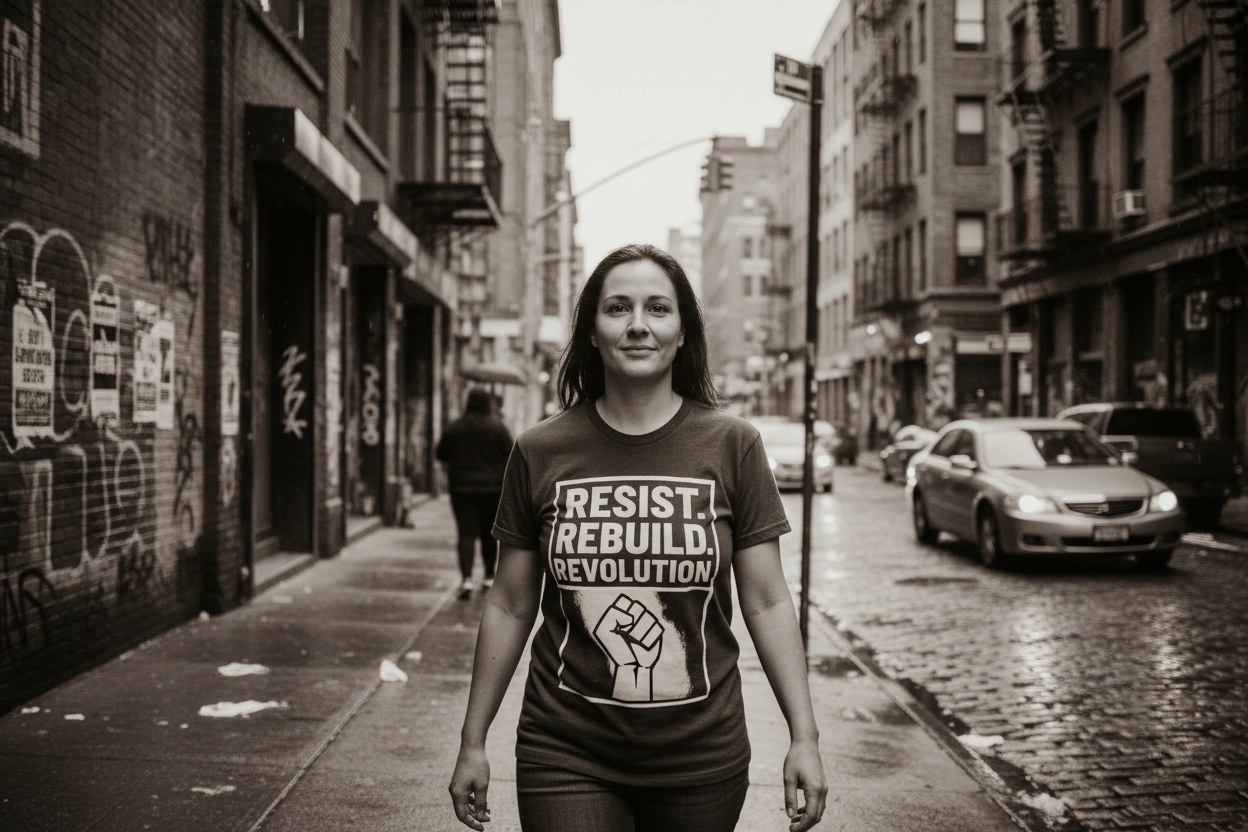 Person wearing activist apparel on a city street