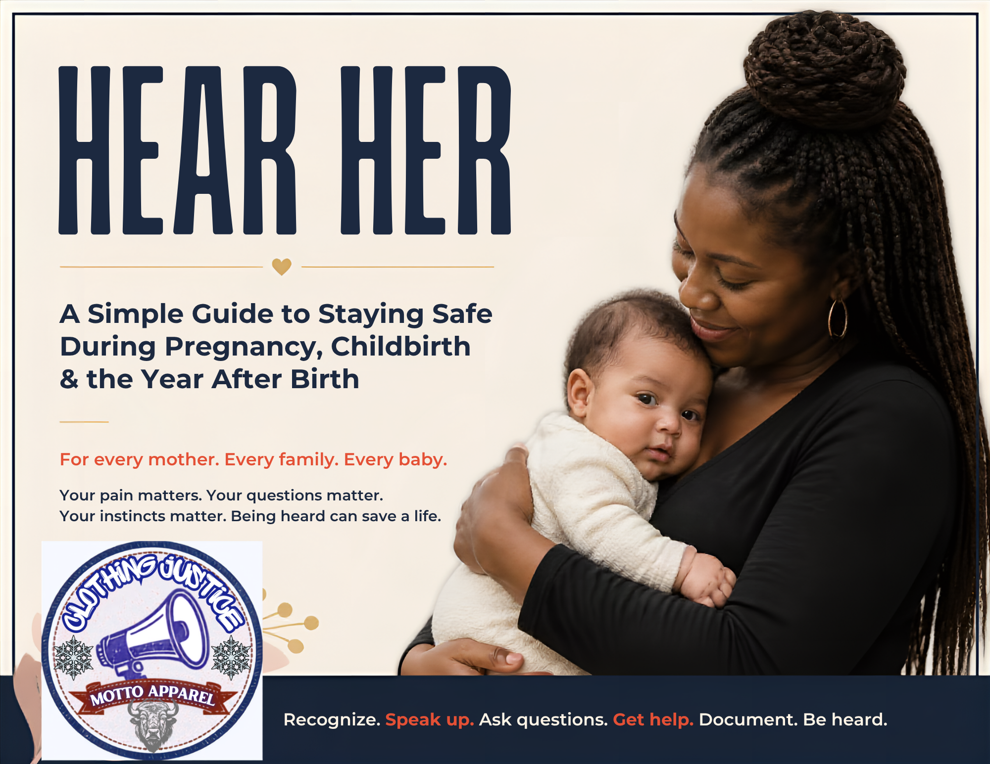 Hear Her guide cover: a simple guide to staying safe during pregnancy, childbirth, and the year after birth