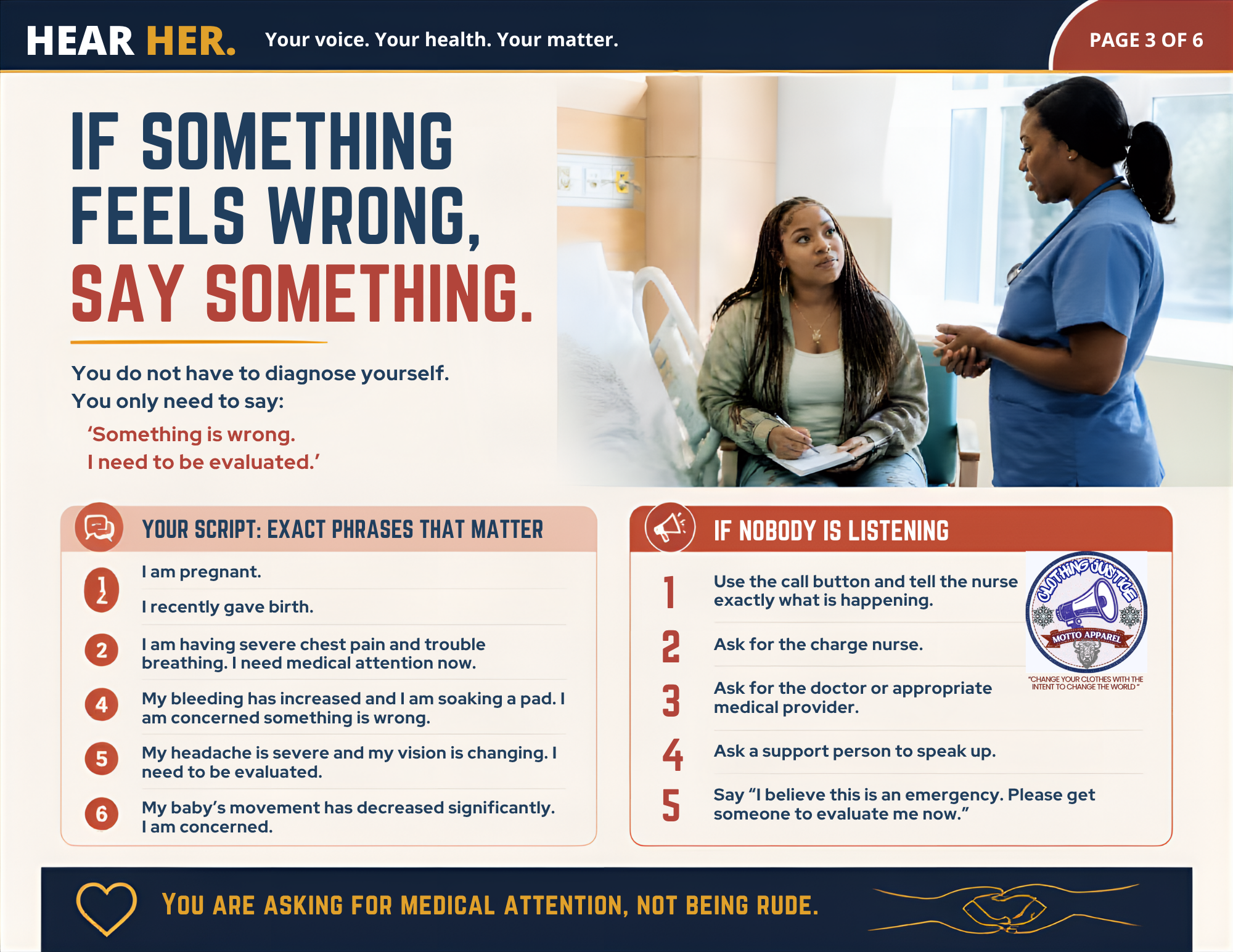 Hear Her guide page three: phrases to use when something feels wrong and steps to take if no one is listening