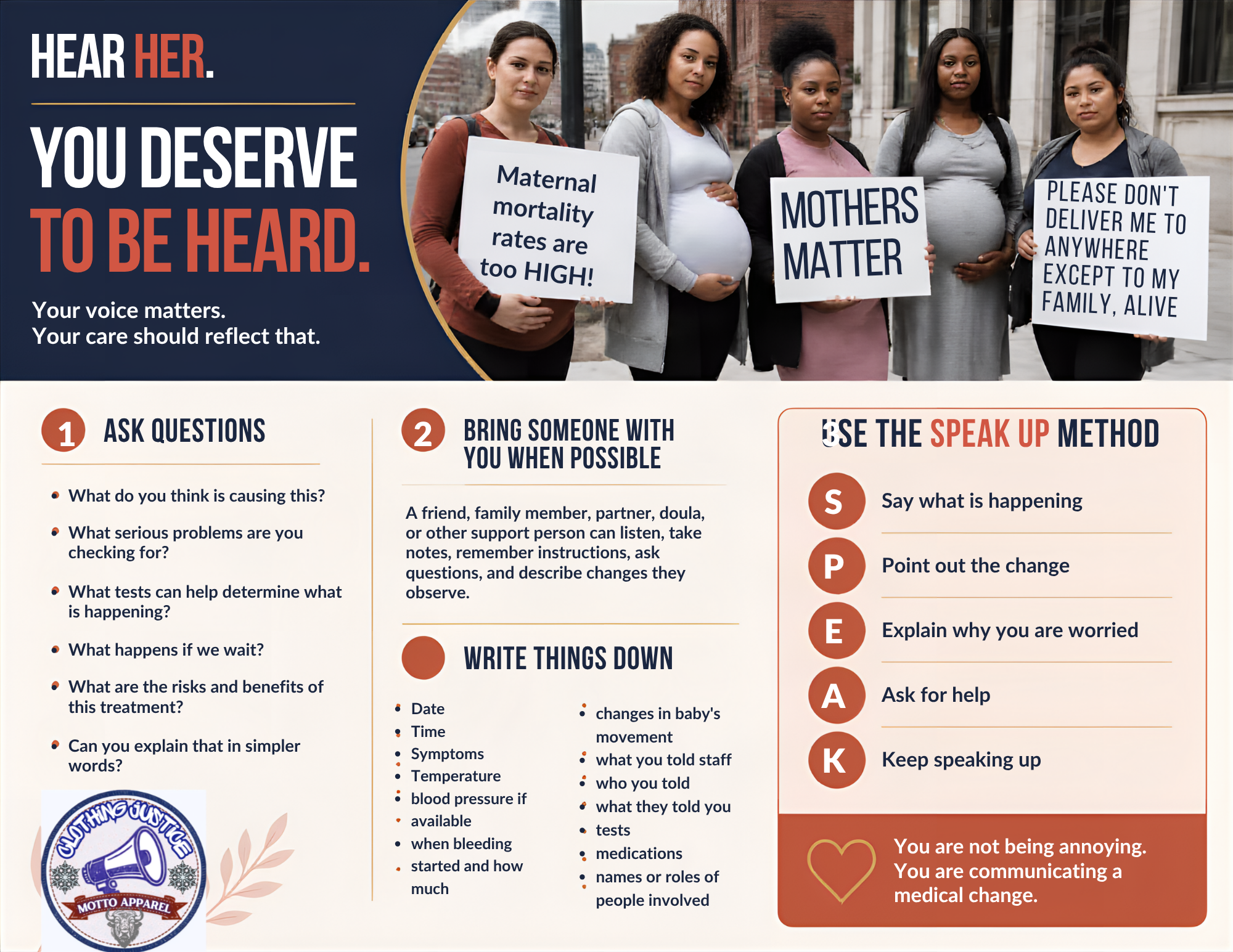 Hear Her guide page four: questions to ask a care team and reminders about care after birth