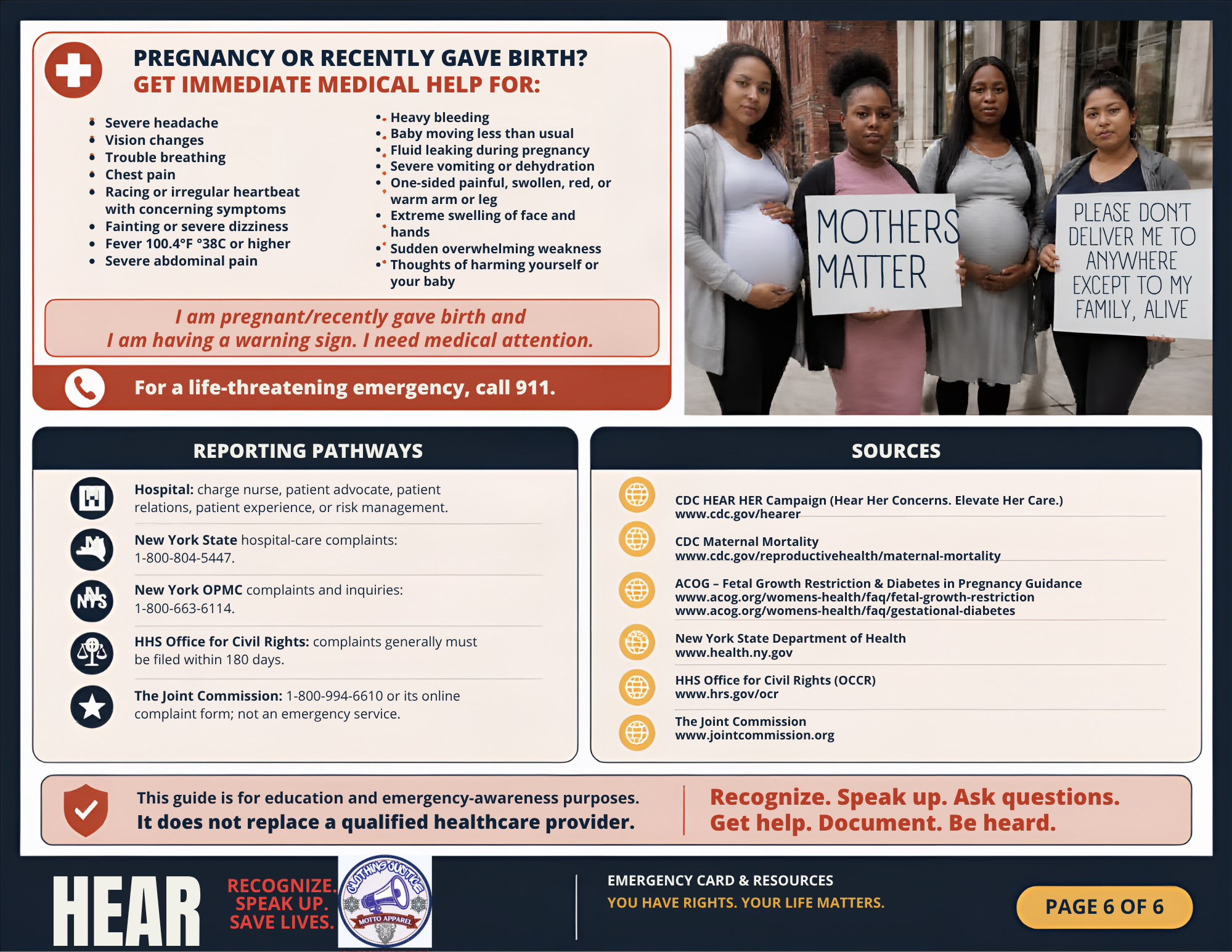 Hear Her guide page six: emergency warning signs, reporting pathways, and educational resources