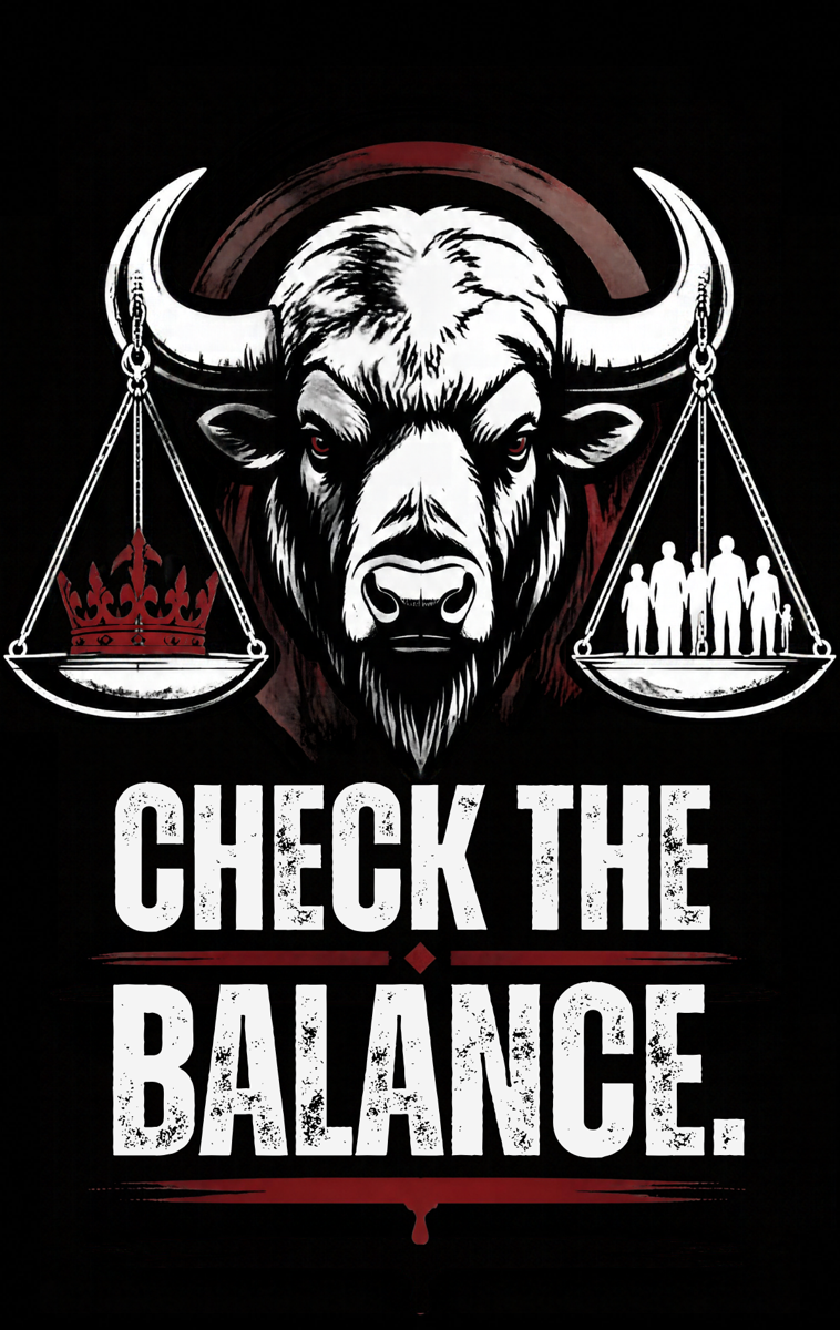 Clothing Justice buffalo with scales balancing corporate buildings and people above the words Check the Balance