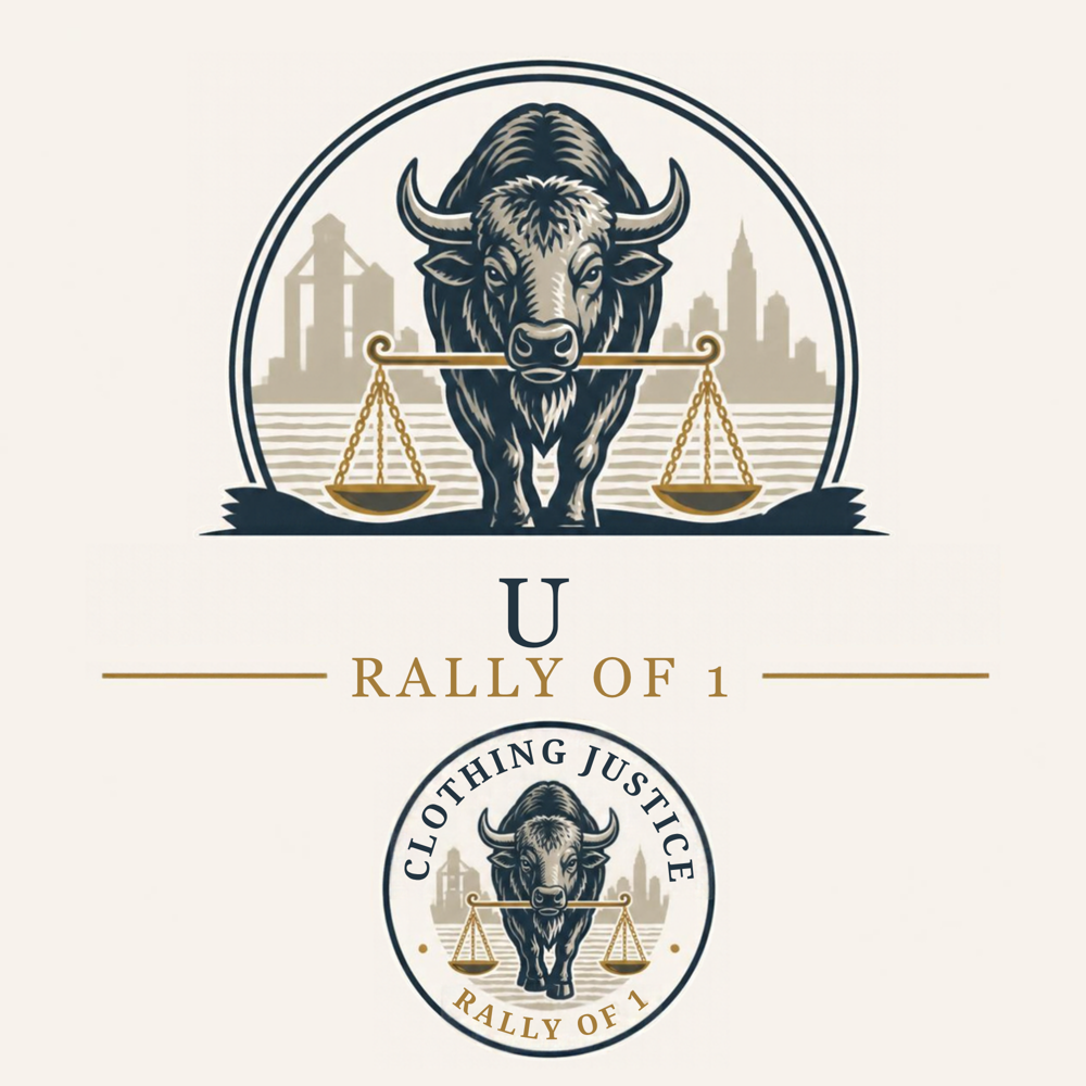 Clothing Justice Rally of 1 buffalo and scales artwork