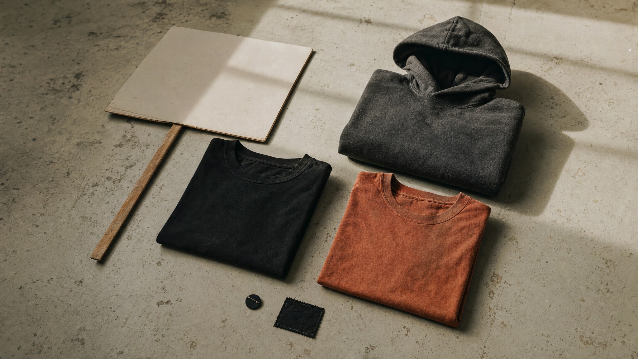 Folded black, charcoal, and rust activist-style clothing beside a blank protest sign