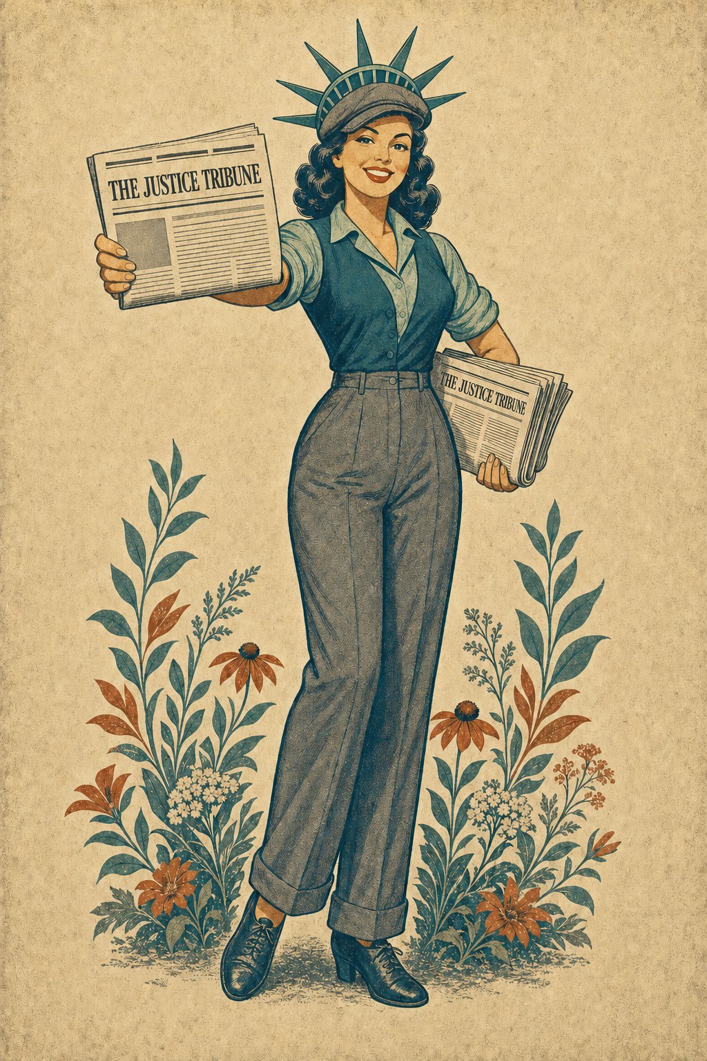 1950s-style Lady Liberty dressed as a newspaper seller, handing you The Justice Tribune