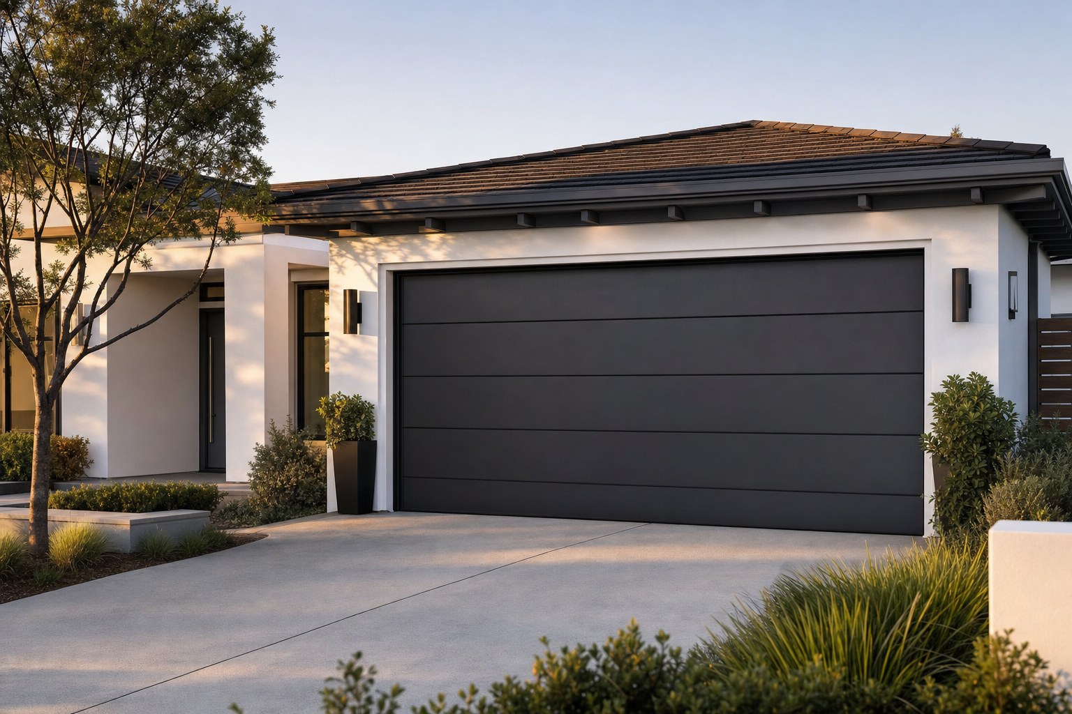 Modern charcoal garage door on a Southern California home