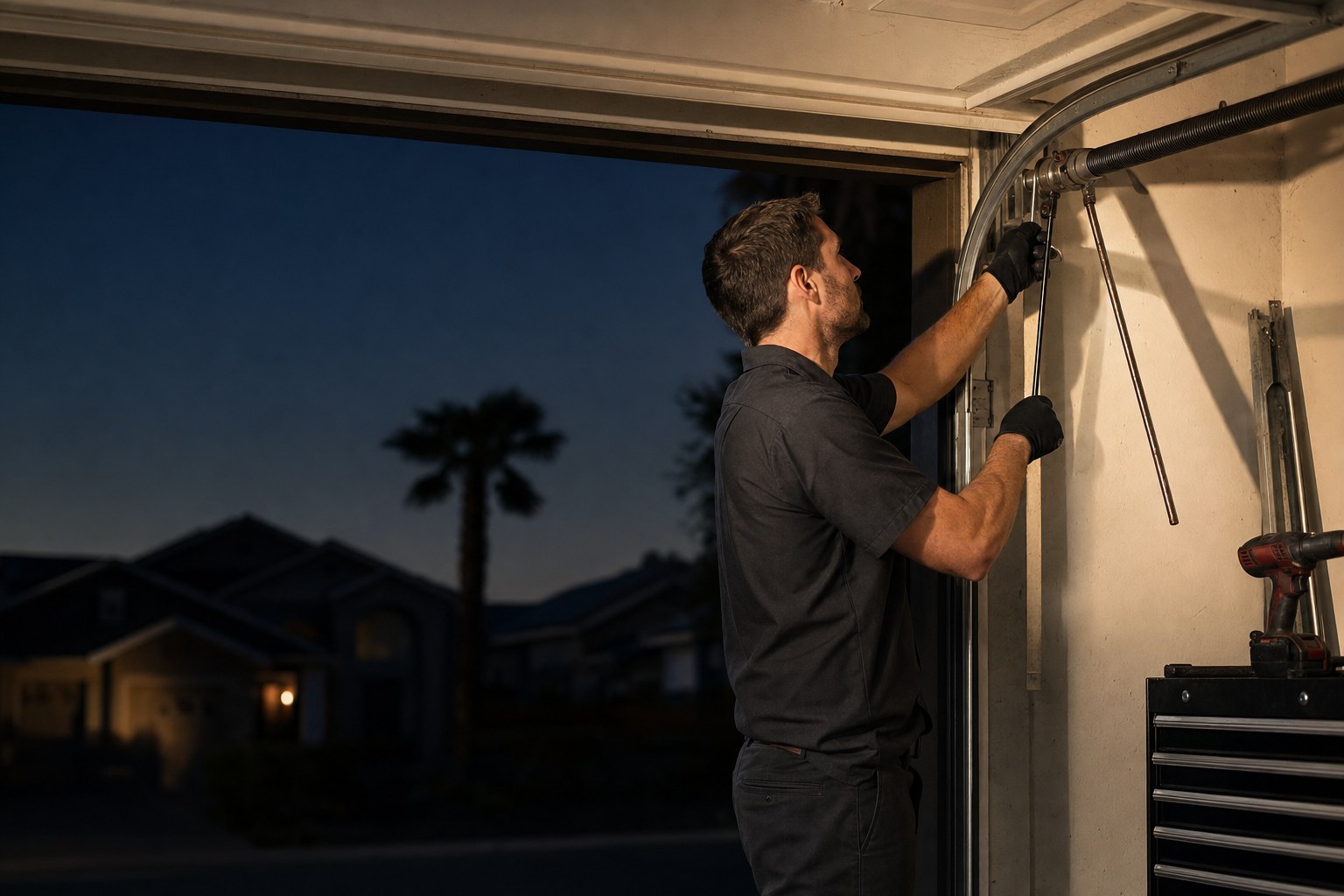 Technician adjusting a garage door spring at dusk