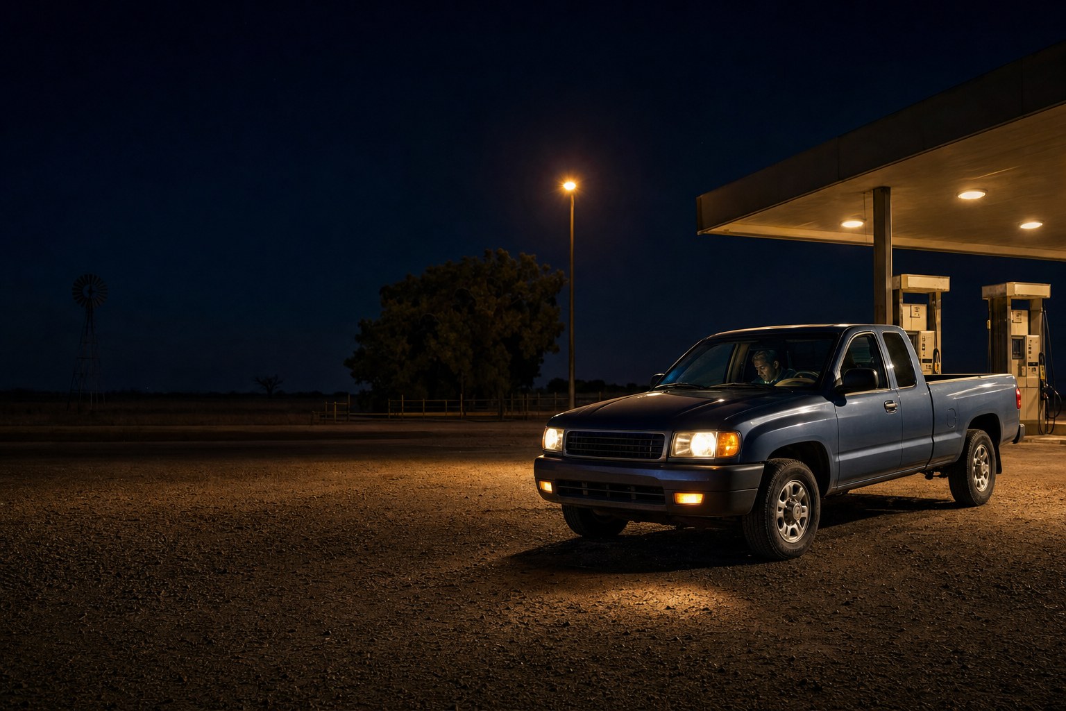 Pickup parked safely at a gas station after a clicking no-start
