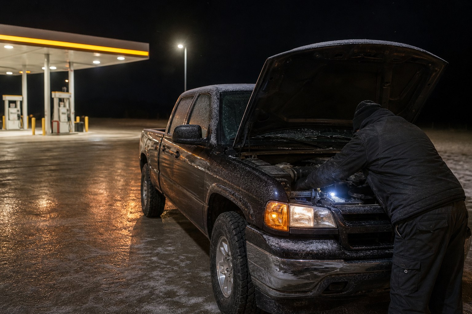 Pickup with its hood open at a well-lit gas station on a frosty night