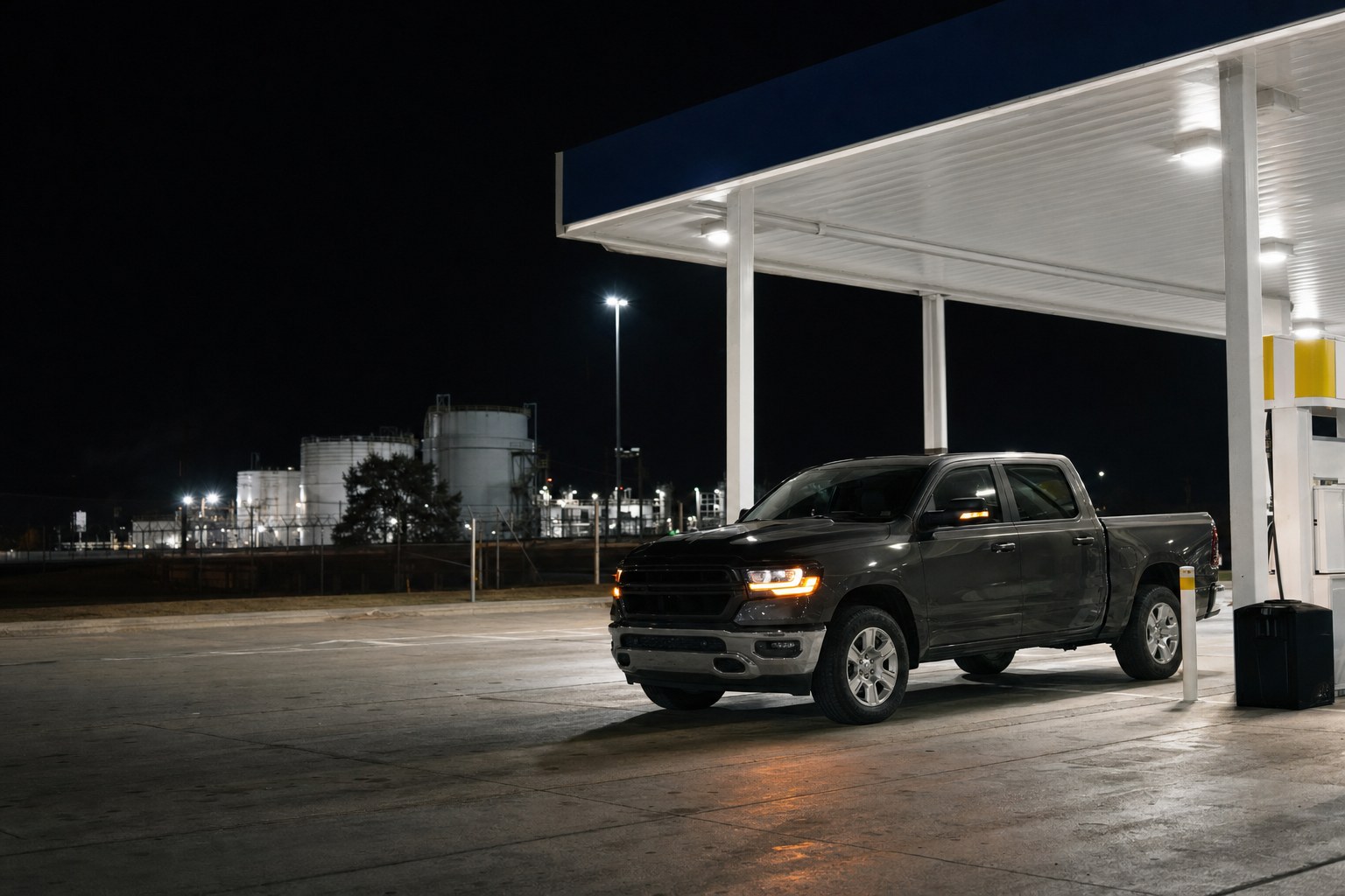 Pickup parked safely under bright gas station lights at night