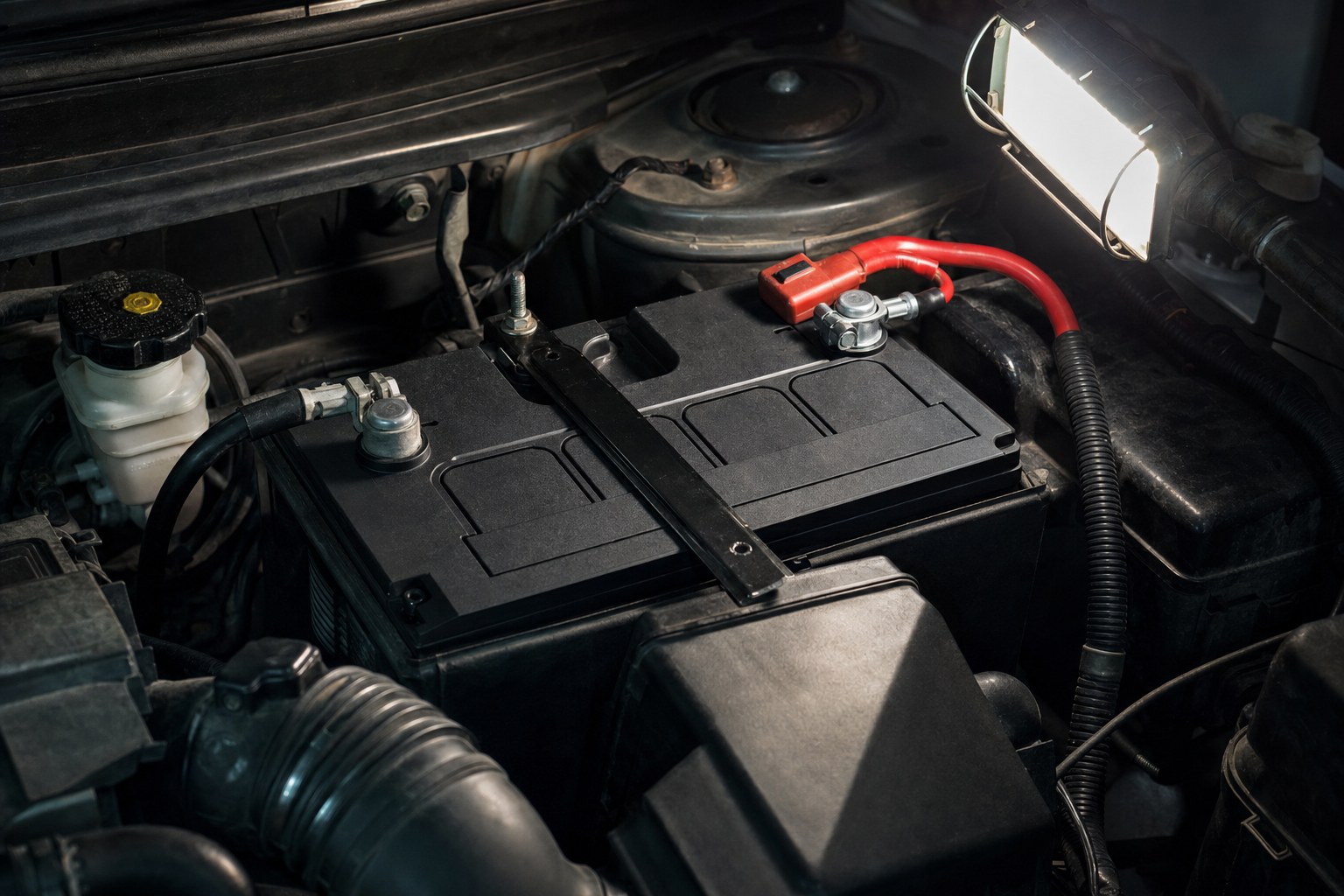 Close view of a vehicle battery and cable connections under a work light