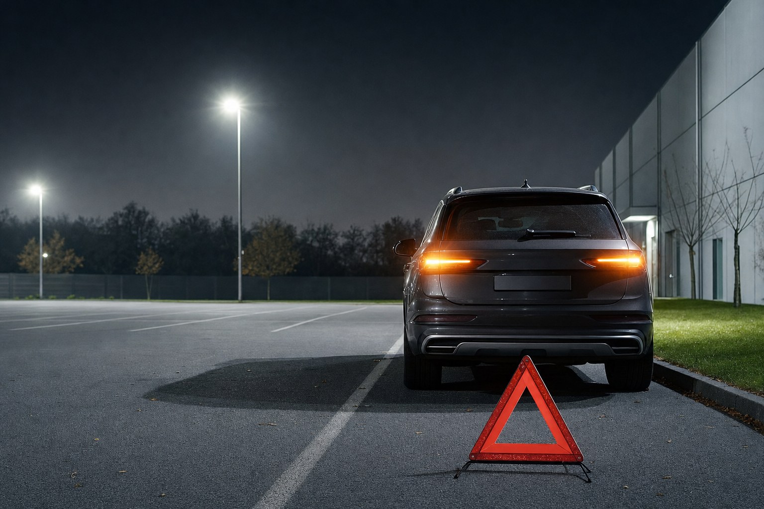 Vehicle parked safely at the edge of a well-lit parking lot with hazard lights and a warning triangle