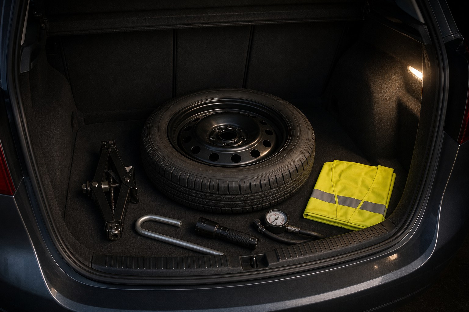 Roadside safety kit with flashlight, gloves and warning equipment
